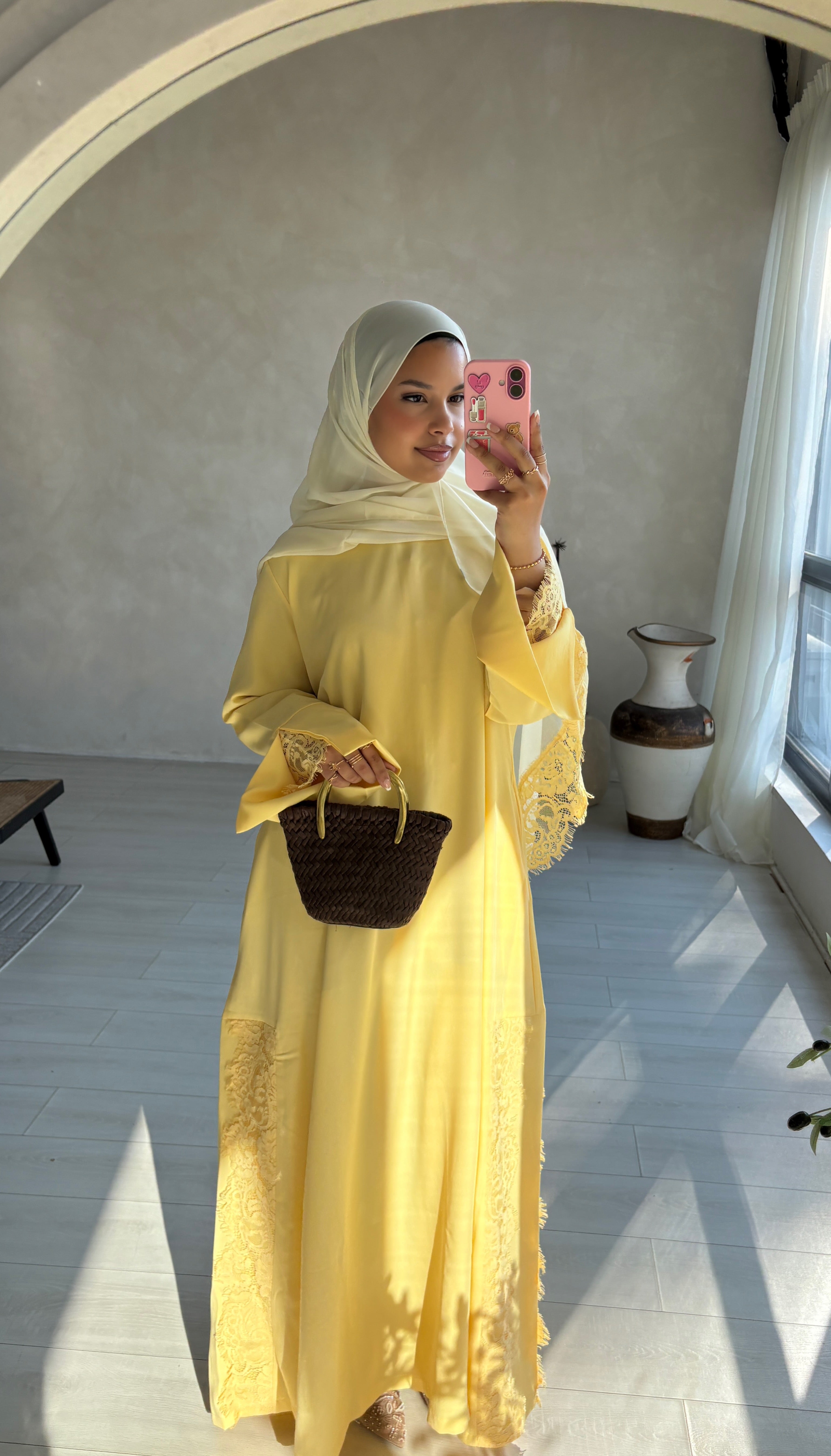 Lace Abaya and Hijab Set- Butter yellow