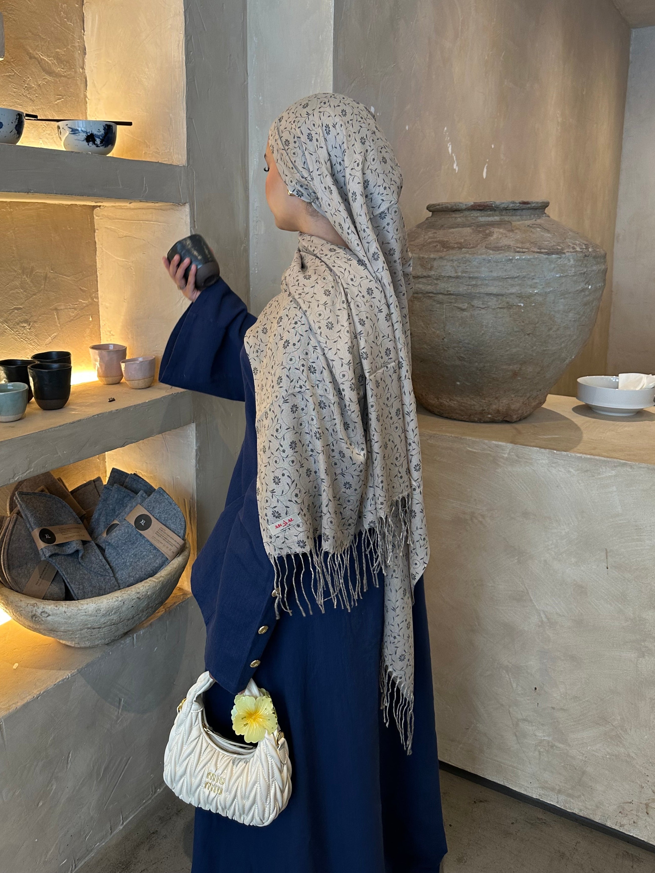 Printed Hijab- Taupe Beige