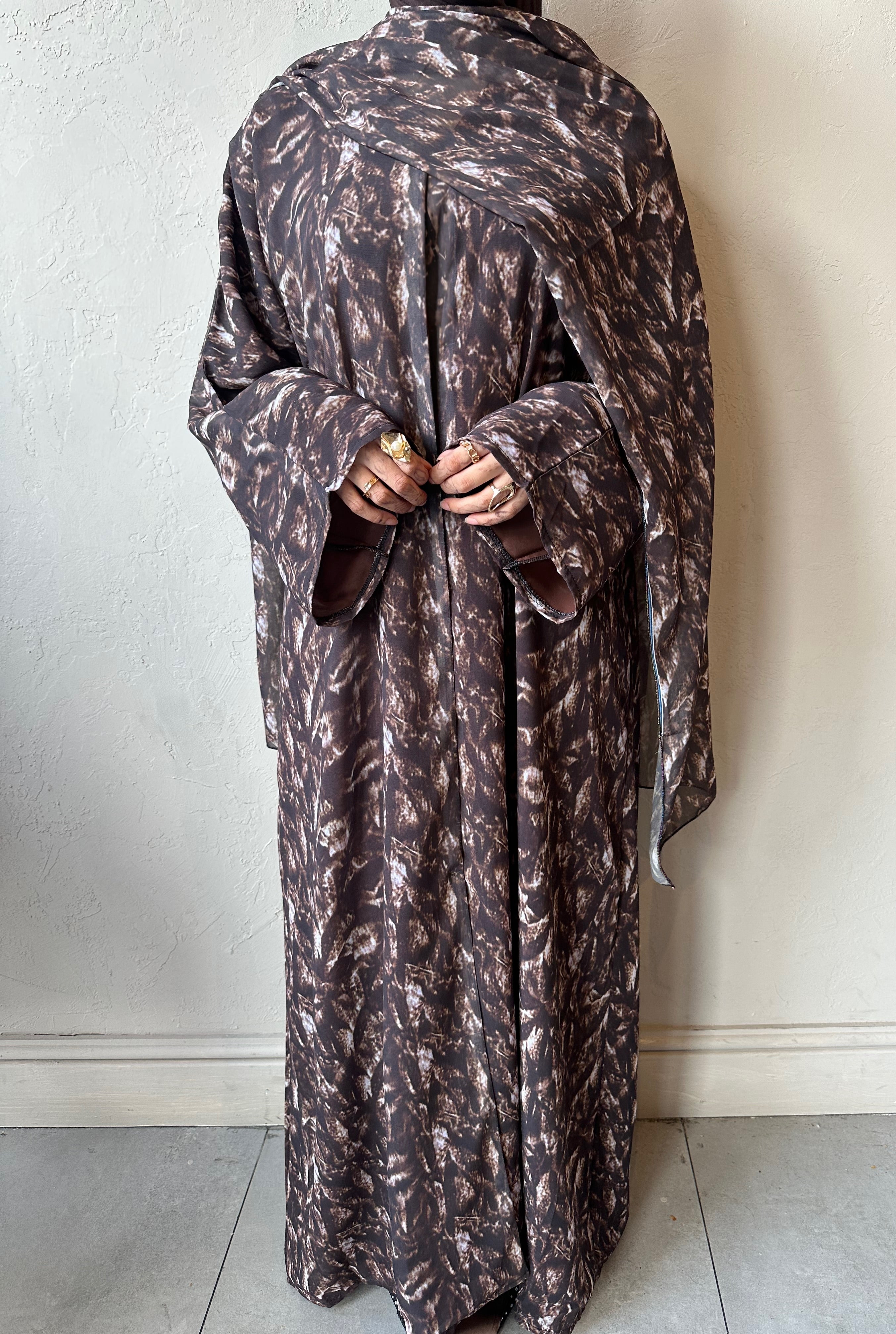 Printed Chiffon Abaya Set (Open) - Black/Brown