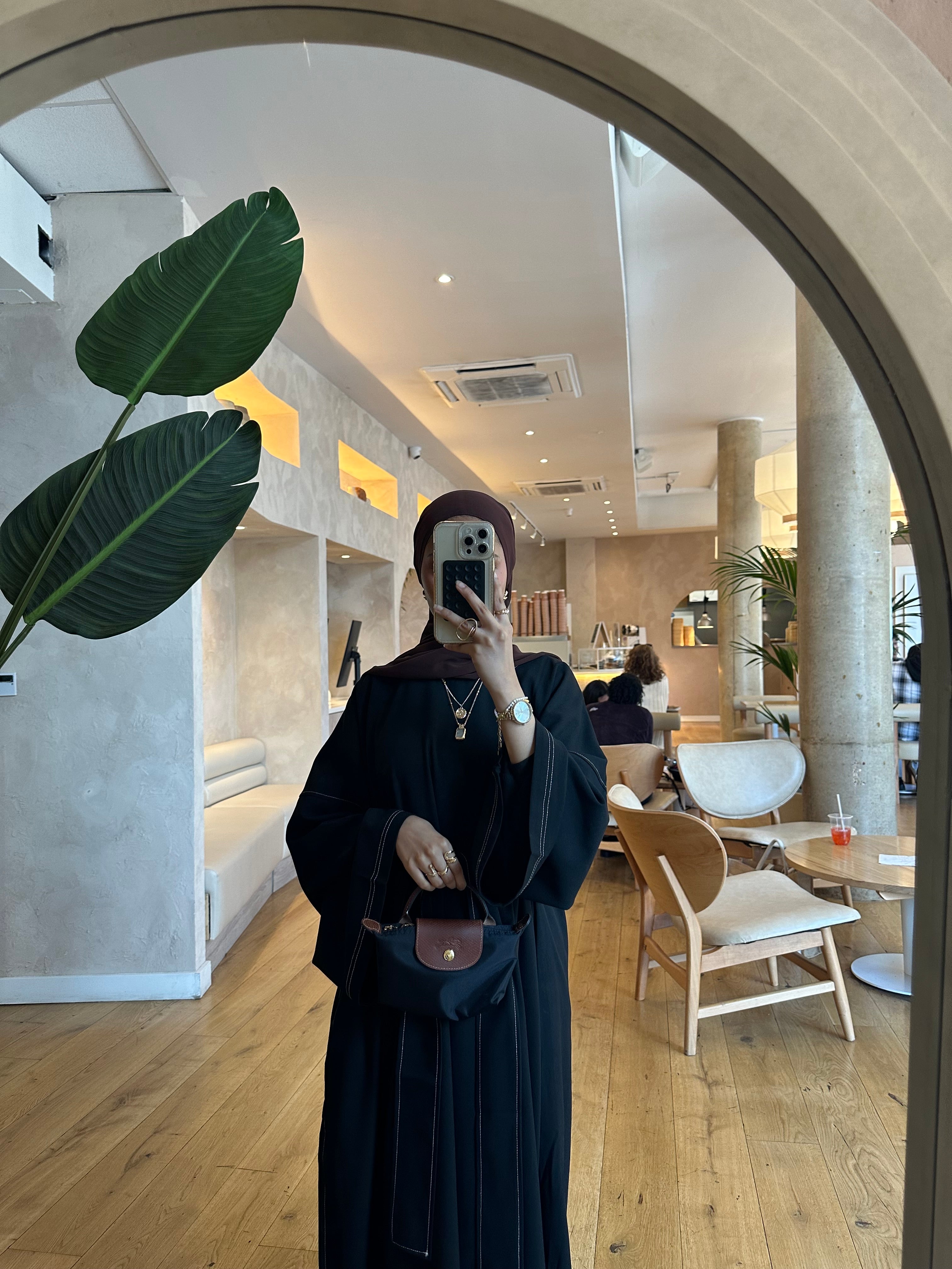 Black Contrast Stitch Closed Abaya (PolyViscos Fabric)