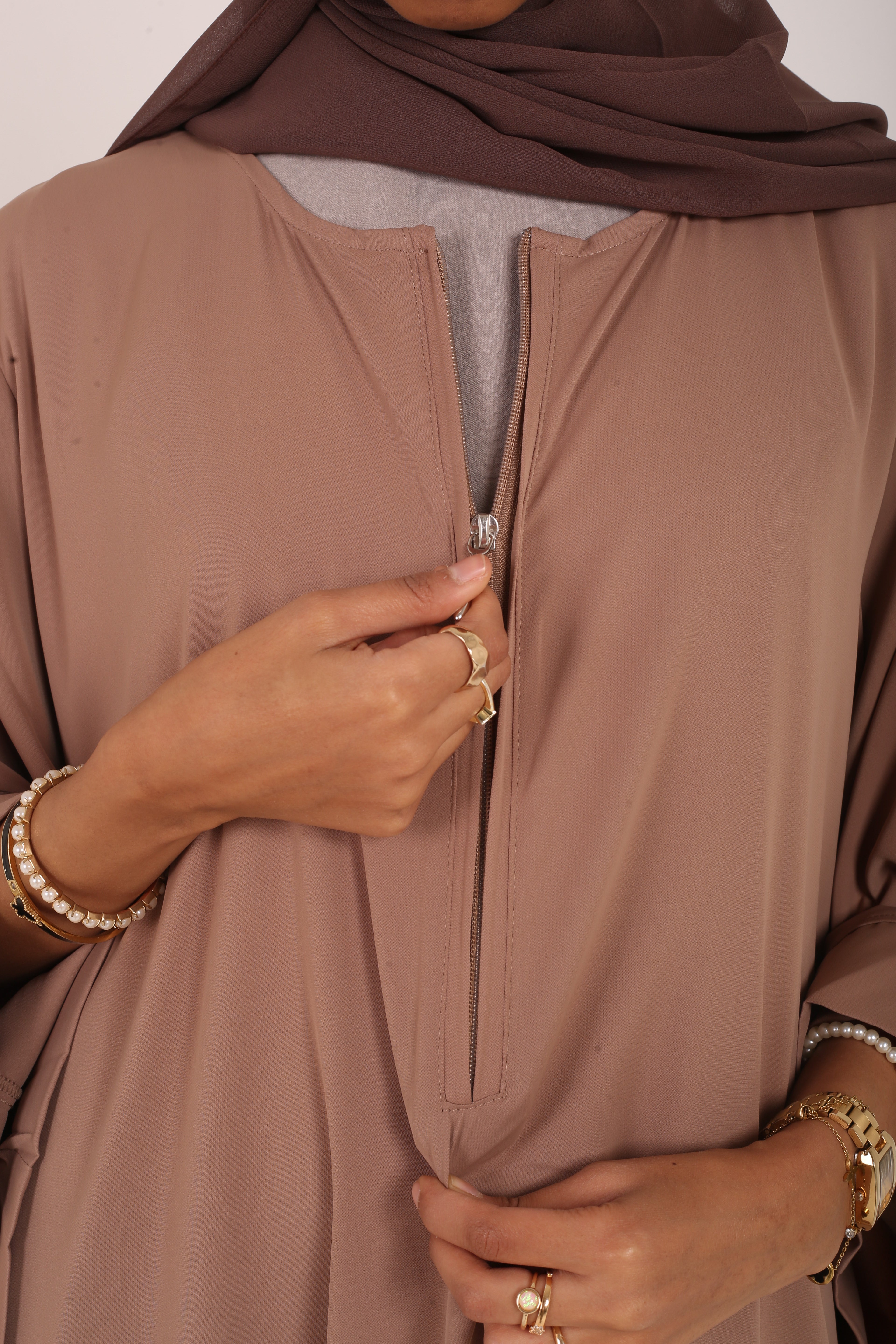 Mocha Nursing-Friendly Abaya with Zip and Matching Hijab Set