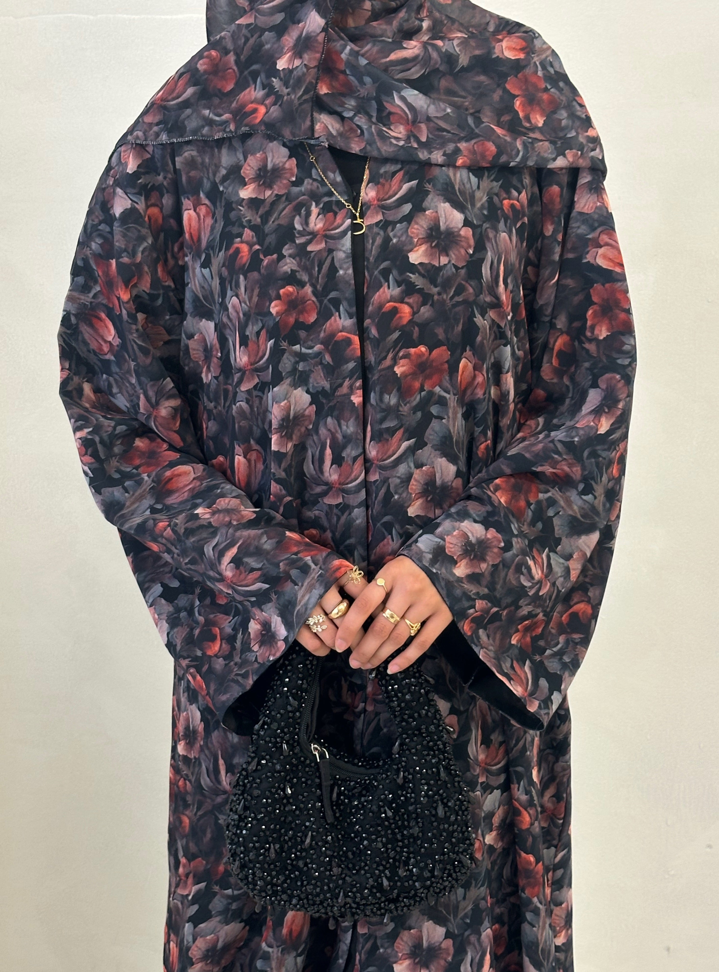 Black Printed Floral Abaya Set