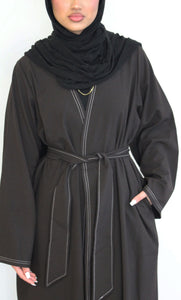 Dark Brown Contrast Stitch Open Abaya