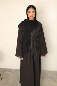 Dark Brown Contrast Stitch Open Abaya