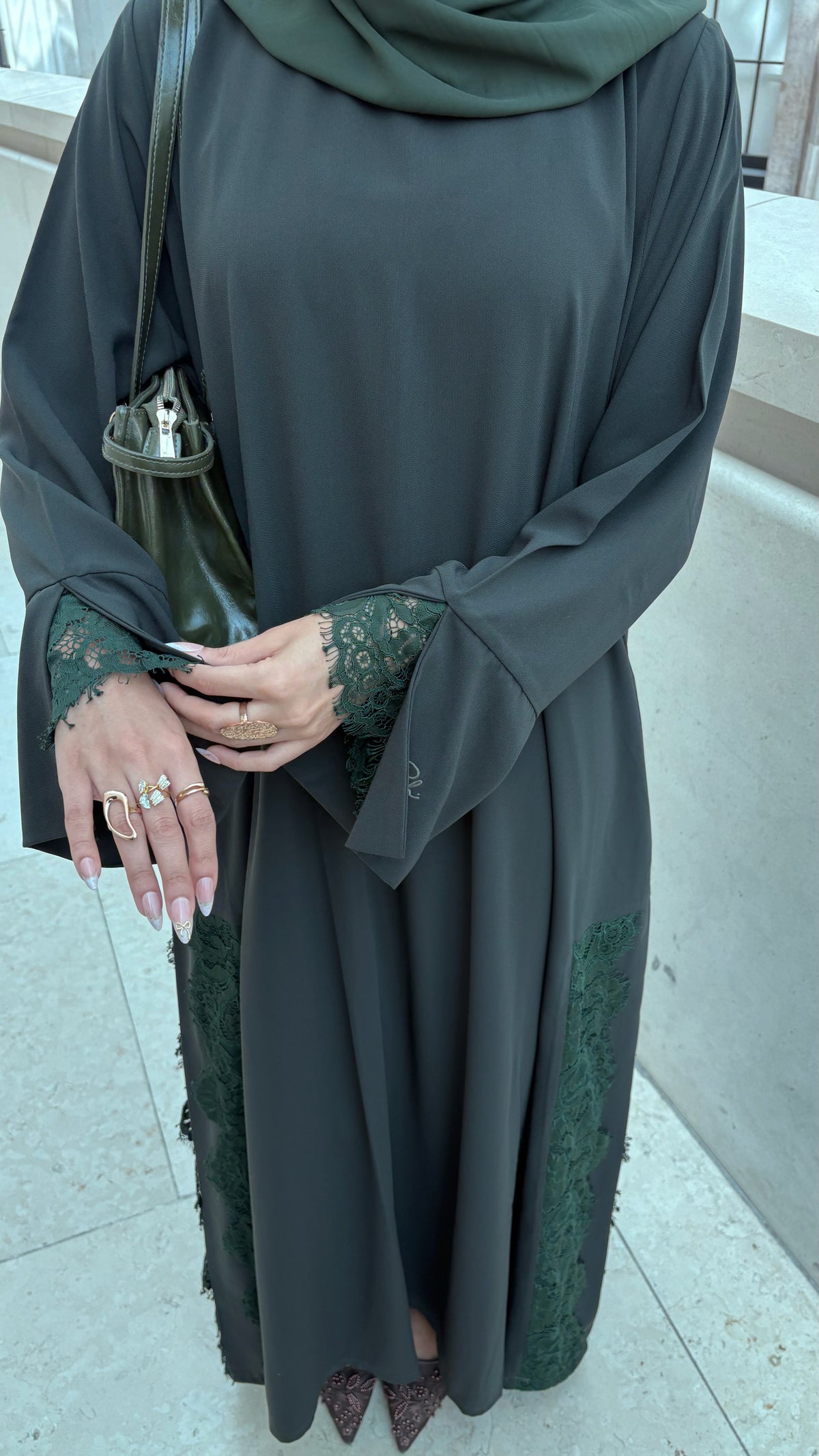 Lace Abaya and Hijab Set- Khaki Green