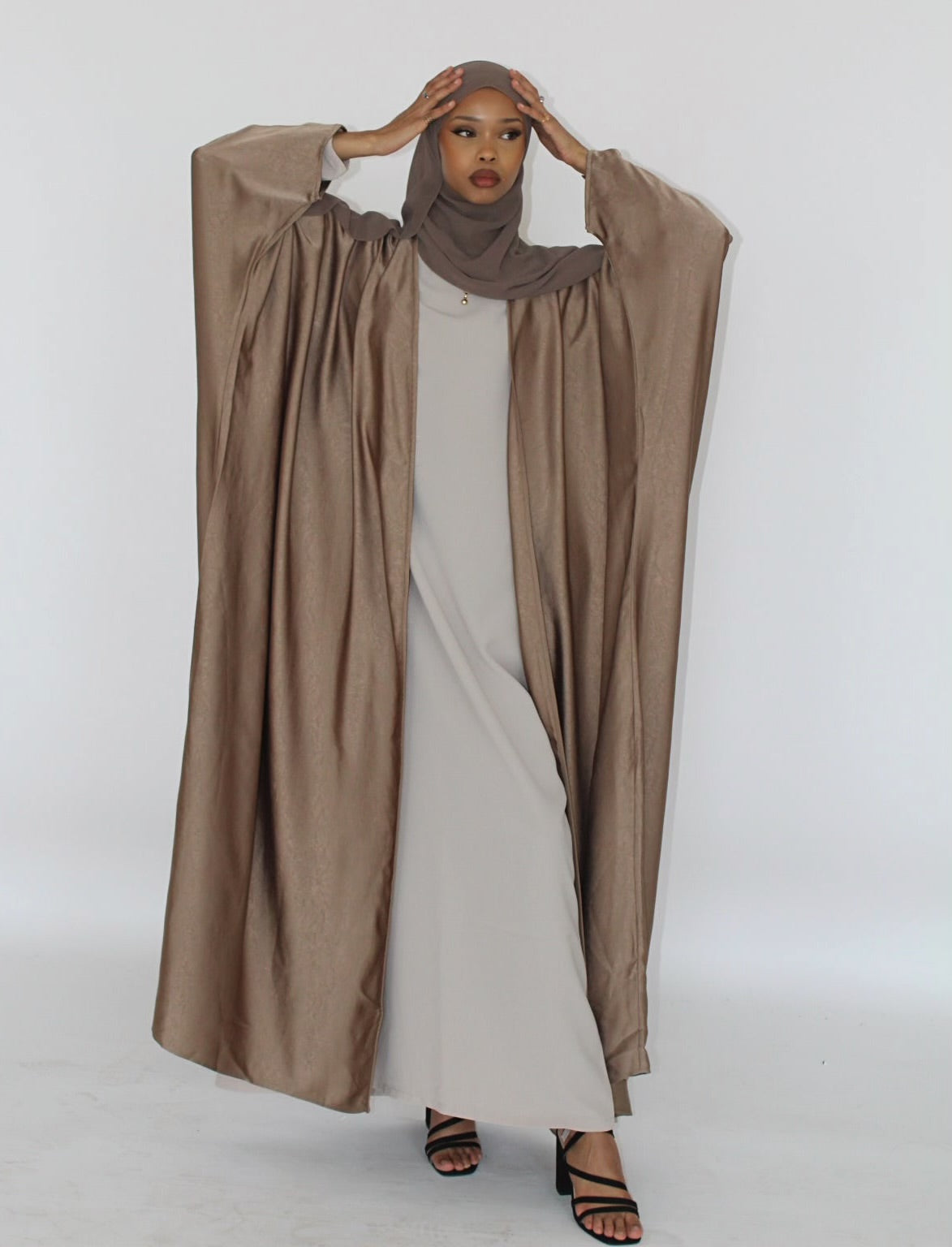 Habiba Pale Brown Satin Open Farasha Abaya