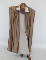 Load image into Gallery viewer, Habiba Pale Brown Satin Open Abaya
