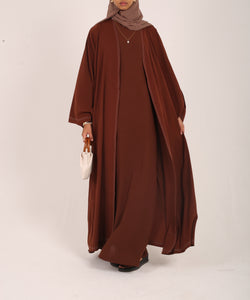 Brown Contrast Stitch Dubai Fabric Open Abaya