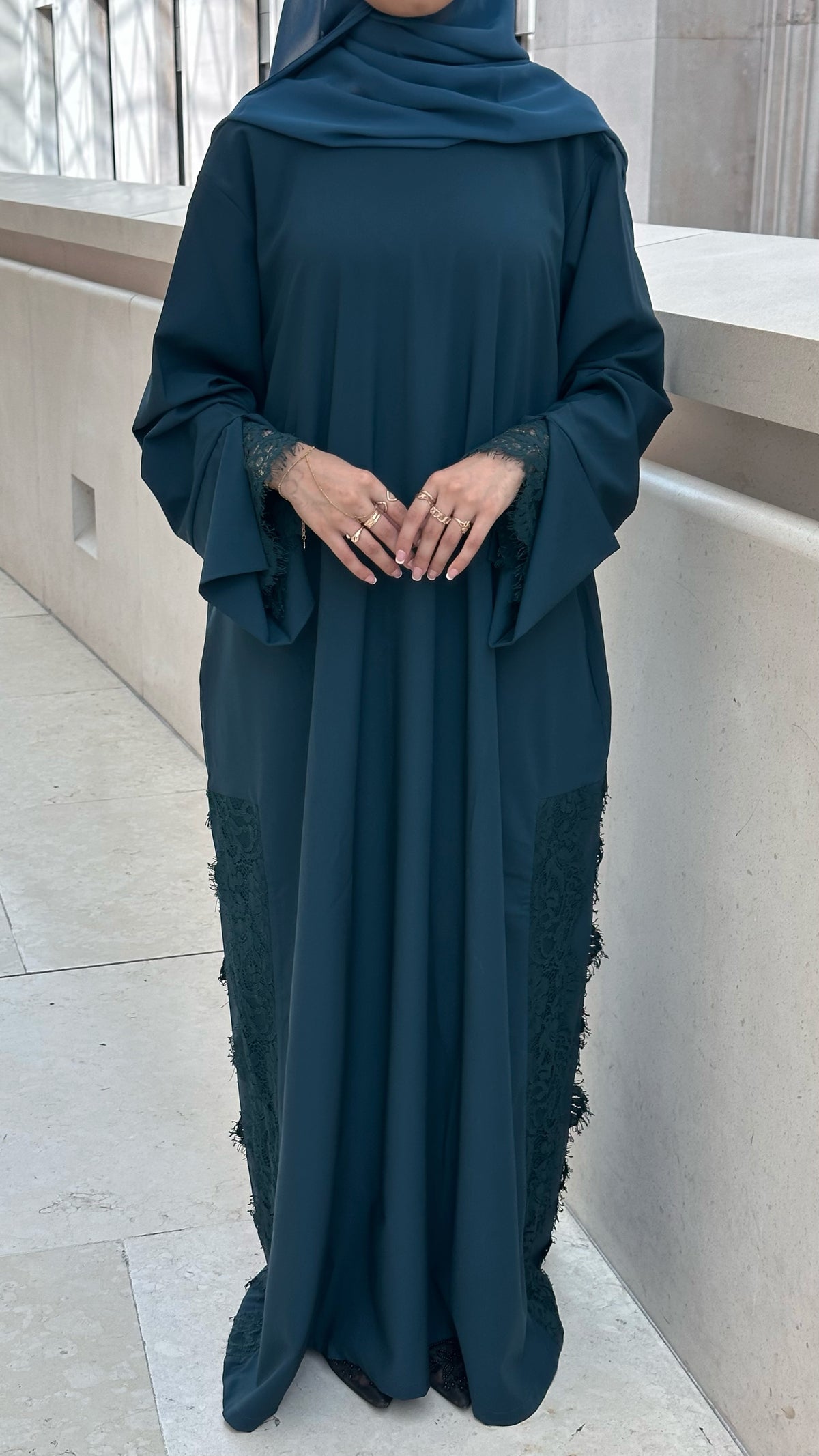 Lace Abaya and Hijab Set- Petrol Blue