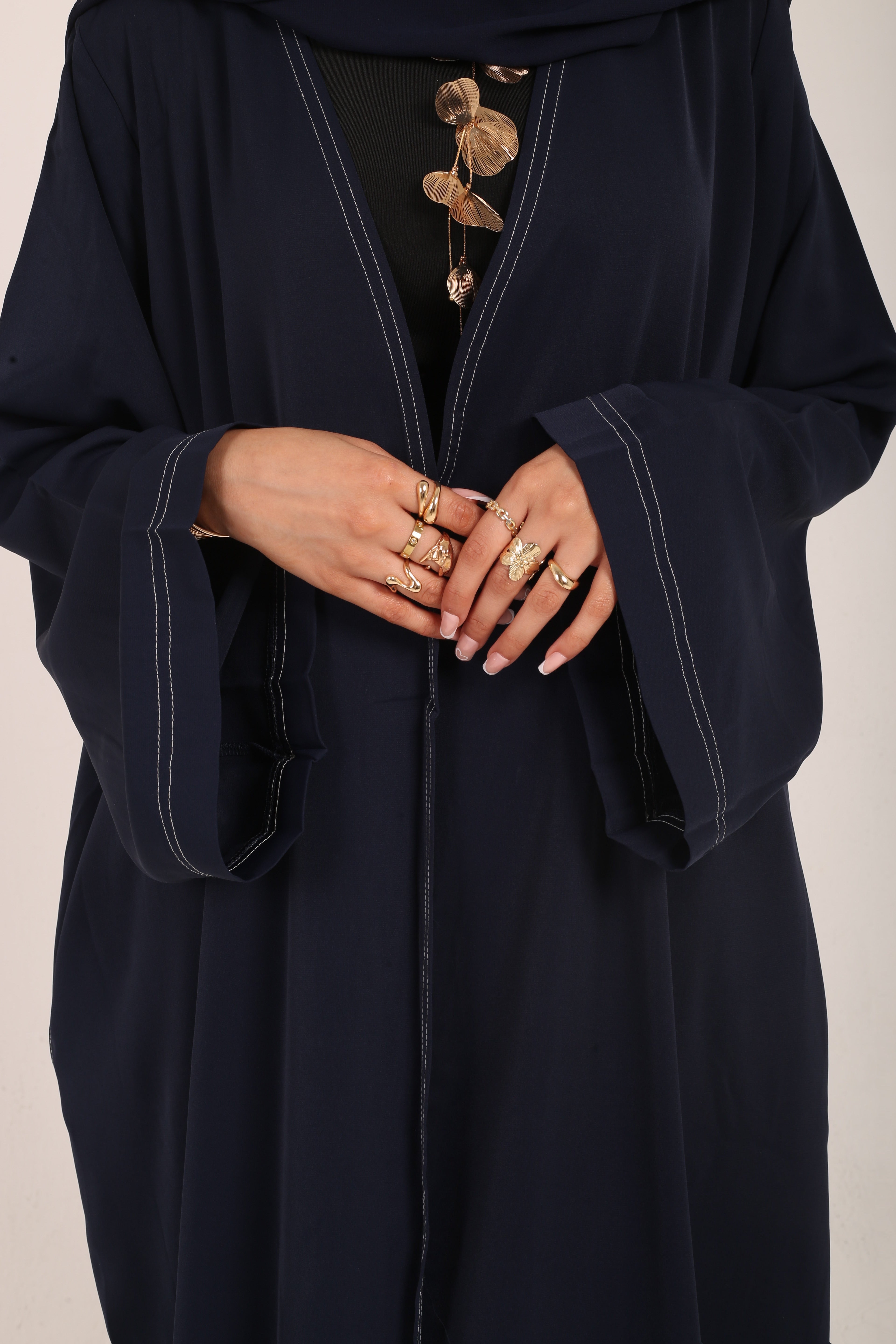 Navy Contrast Stitch Dubai Fabric Open Abaya