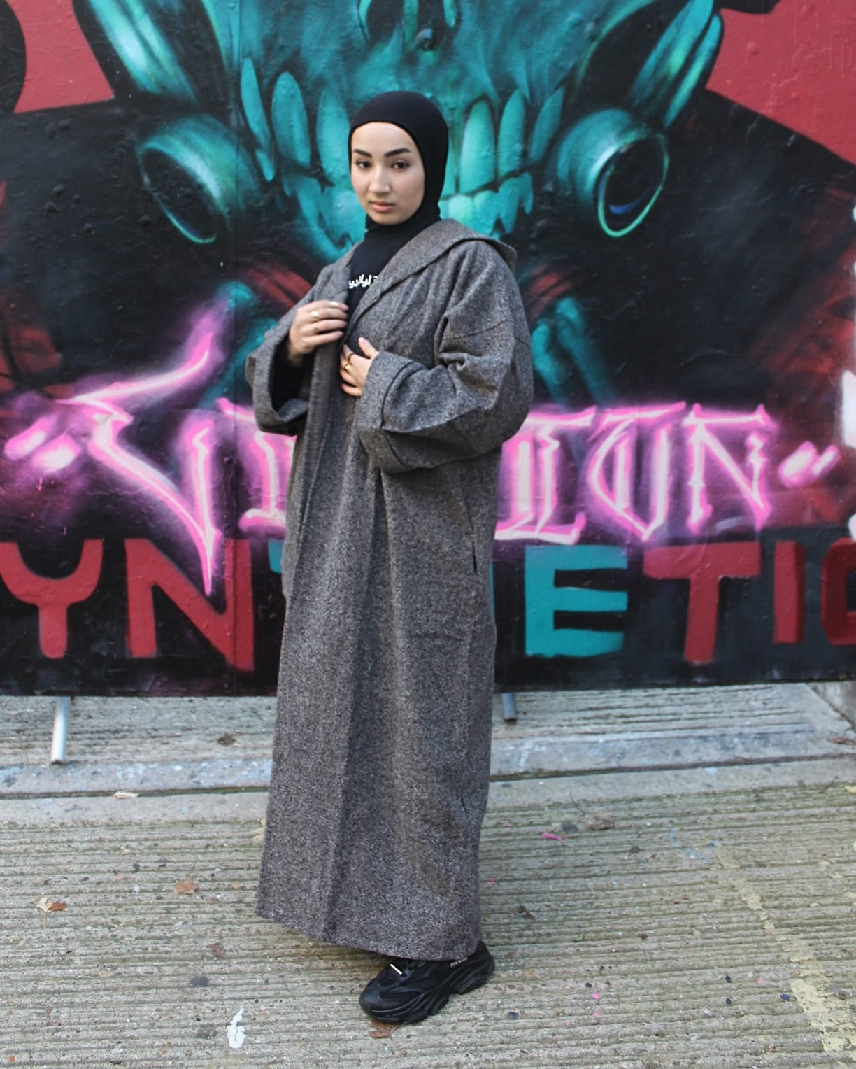 Hooded Blended Grey Abaya Coat