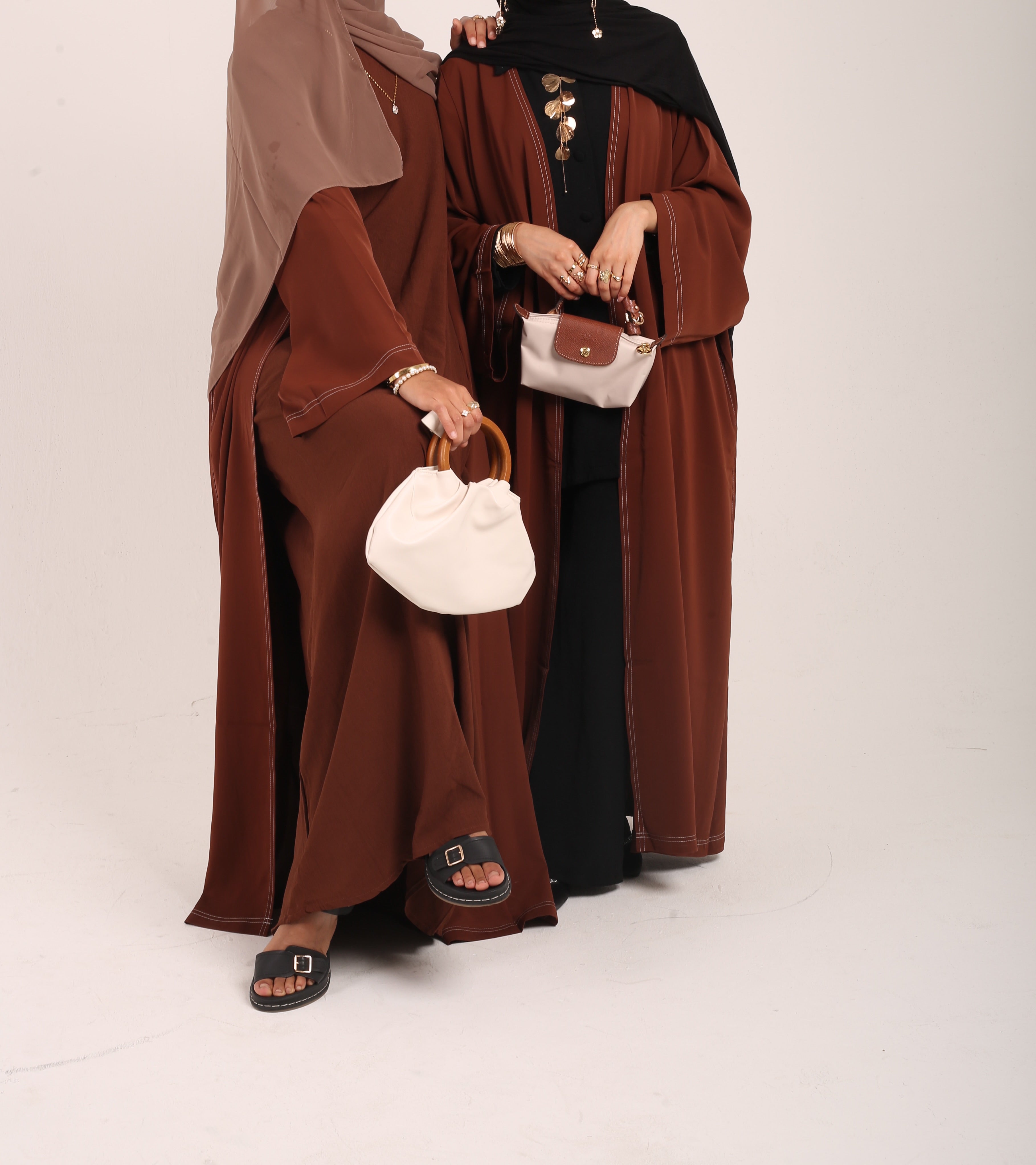 Brown Contrast Stitch Dubai Fabric Open Abaya