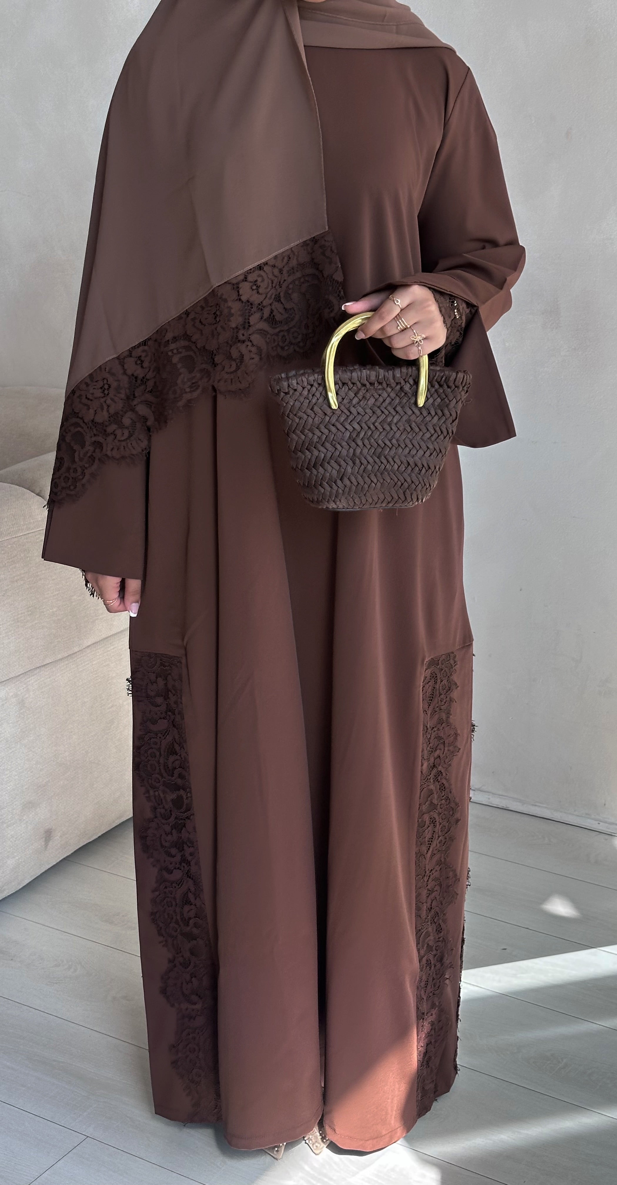 Lace Abaya and Hijab Set- Brown