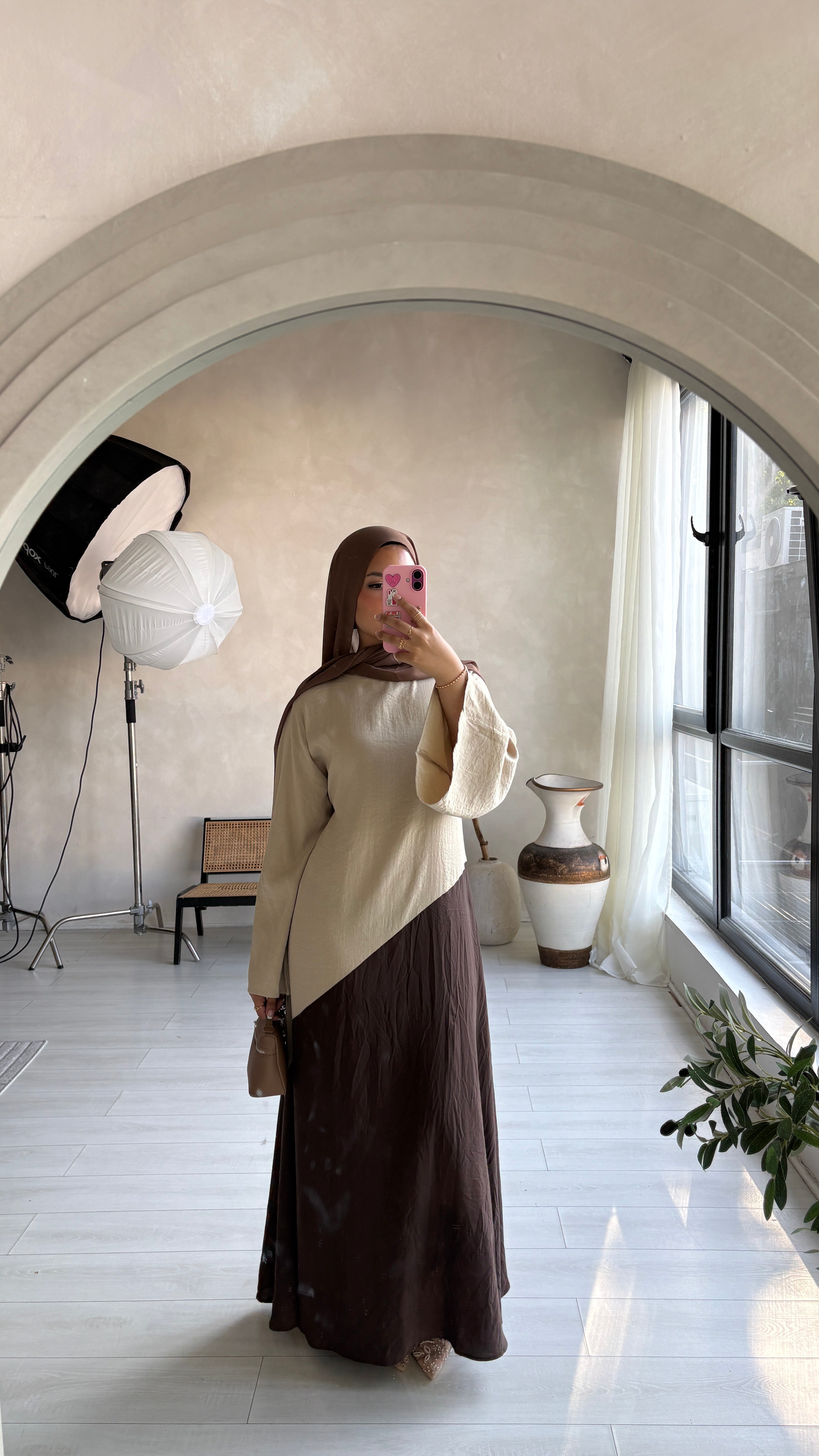 Two Tone Dress Abaya - Beige/Brown