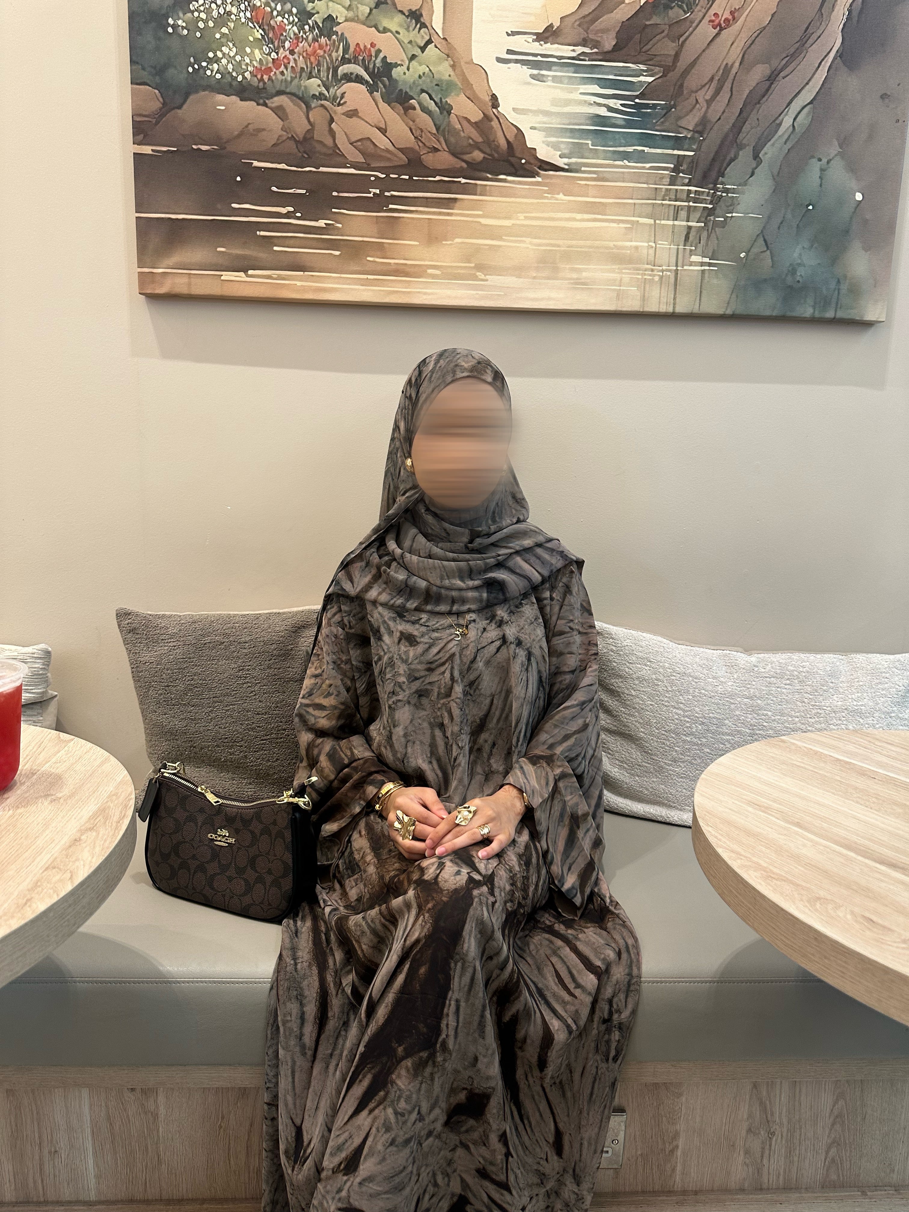 Printed Chiffon Abaya Set (Closed) - Mocha/Brown
