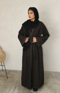 Dark Brown Contrast Stitch Open Abaya