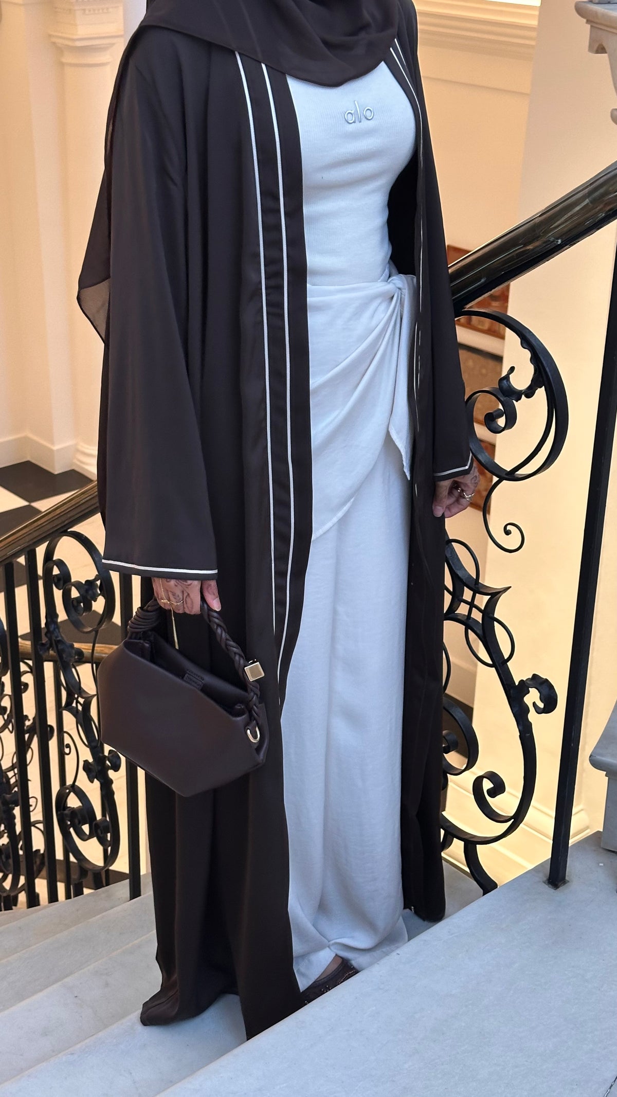Brown Satin Trim Open Abaya