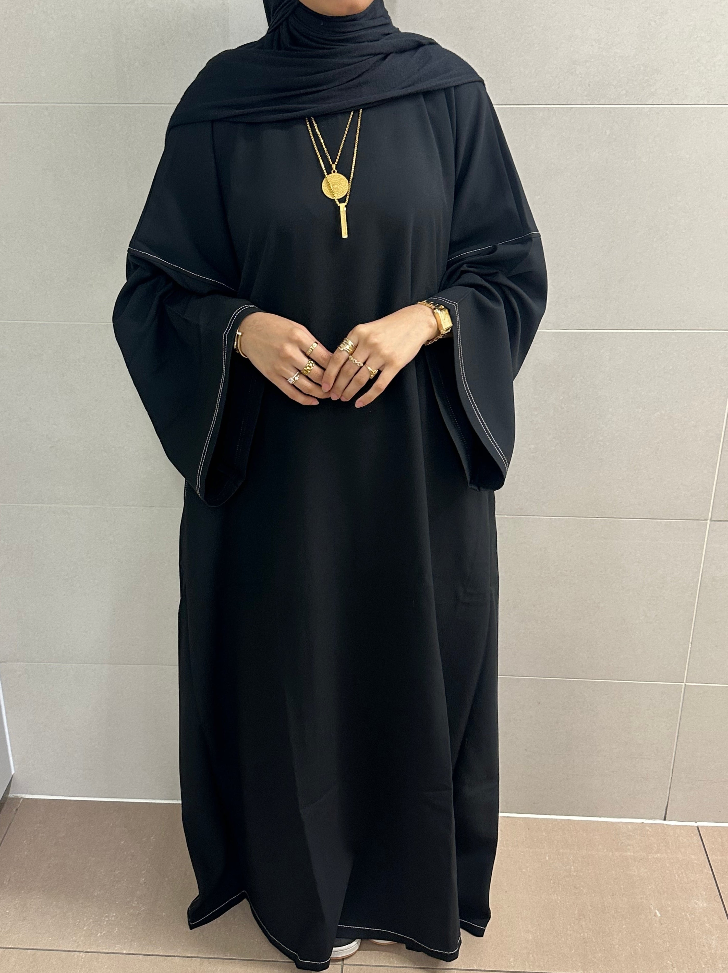 Black Contrast Stitch Closed Abaya (PolyViscos Fabric)