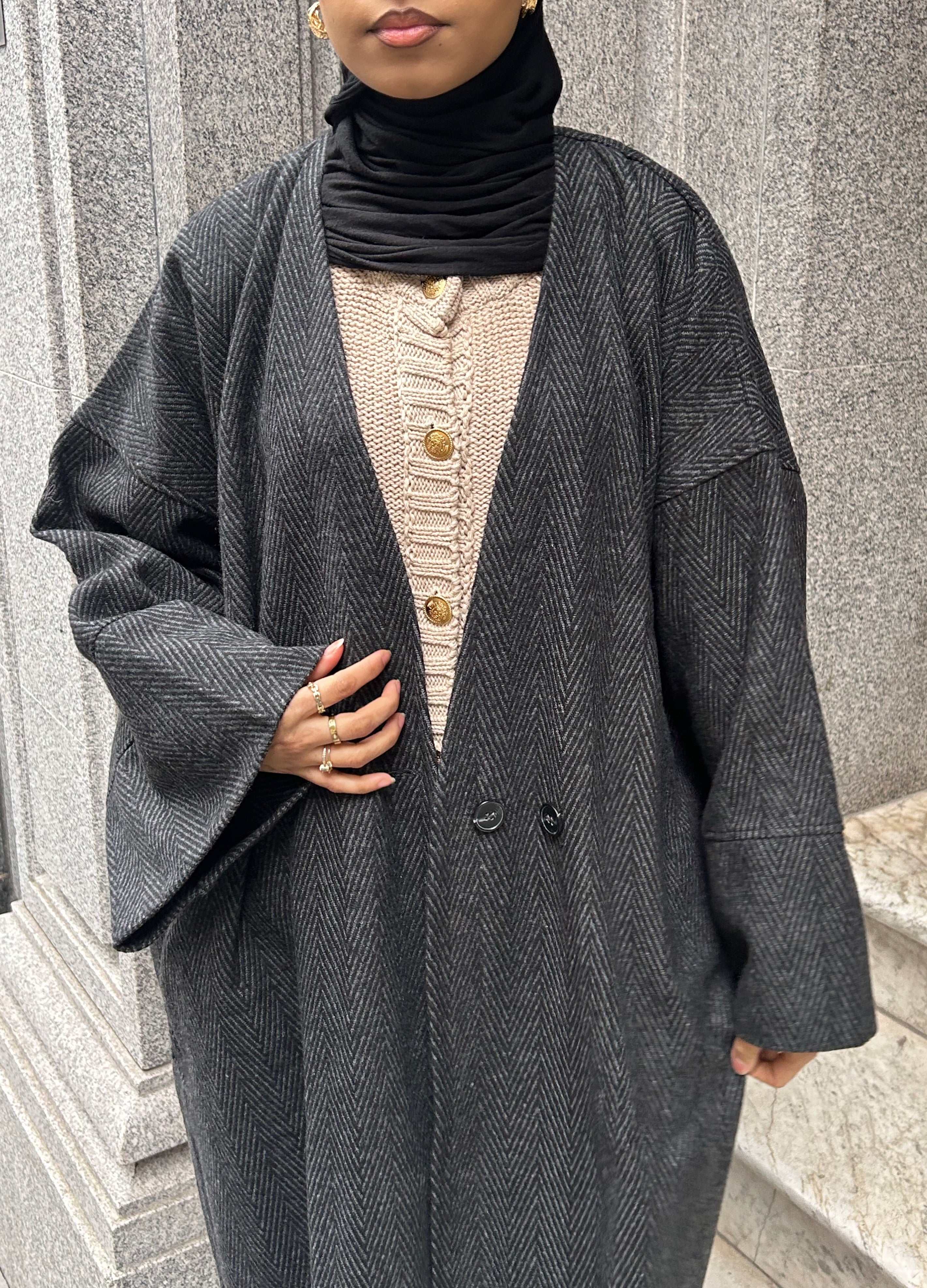 Herringbone Abaya Coat - Charcoal