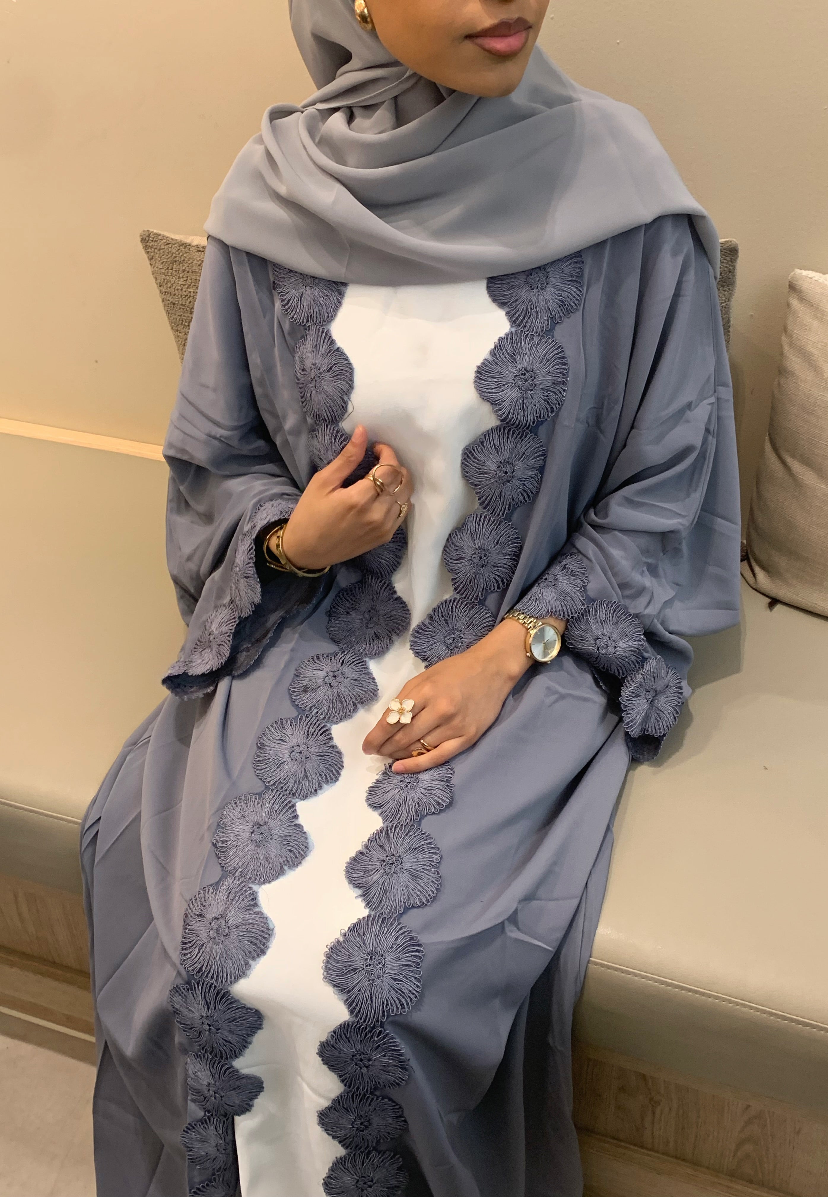 Lace Abaya Set - Grey