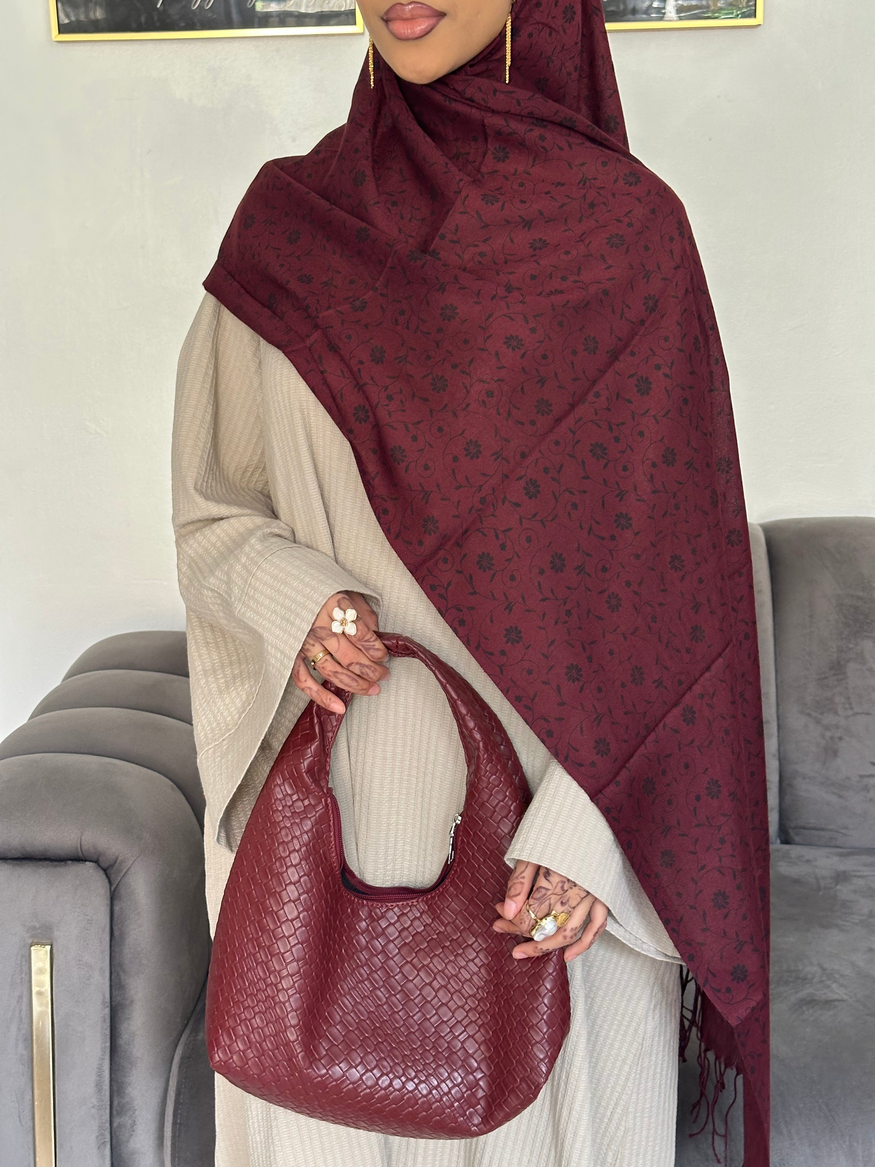 Printed Hijab - Maroon (Black Print)