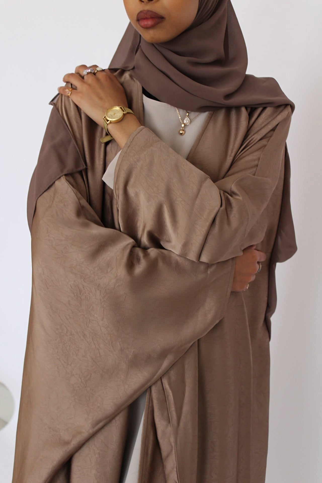 Habiba Pale Brown Satin Open Farasha Abaya
