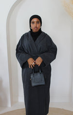 Load image into Gallery viewer, Cool Grey/Blue Felt Hooded Abaya Coat
