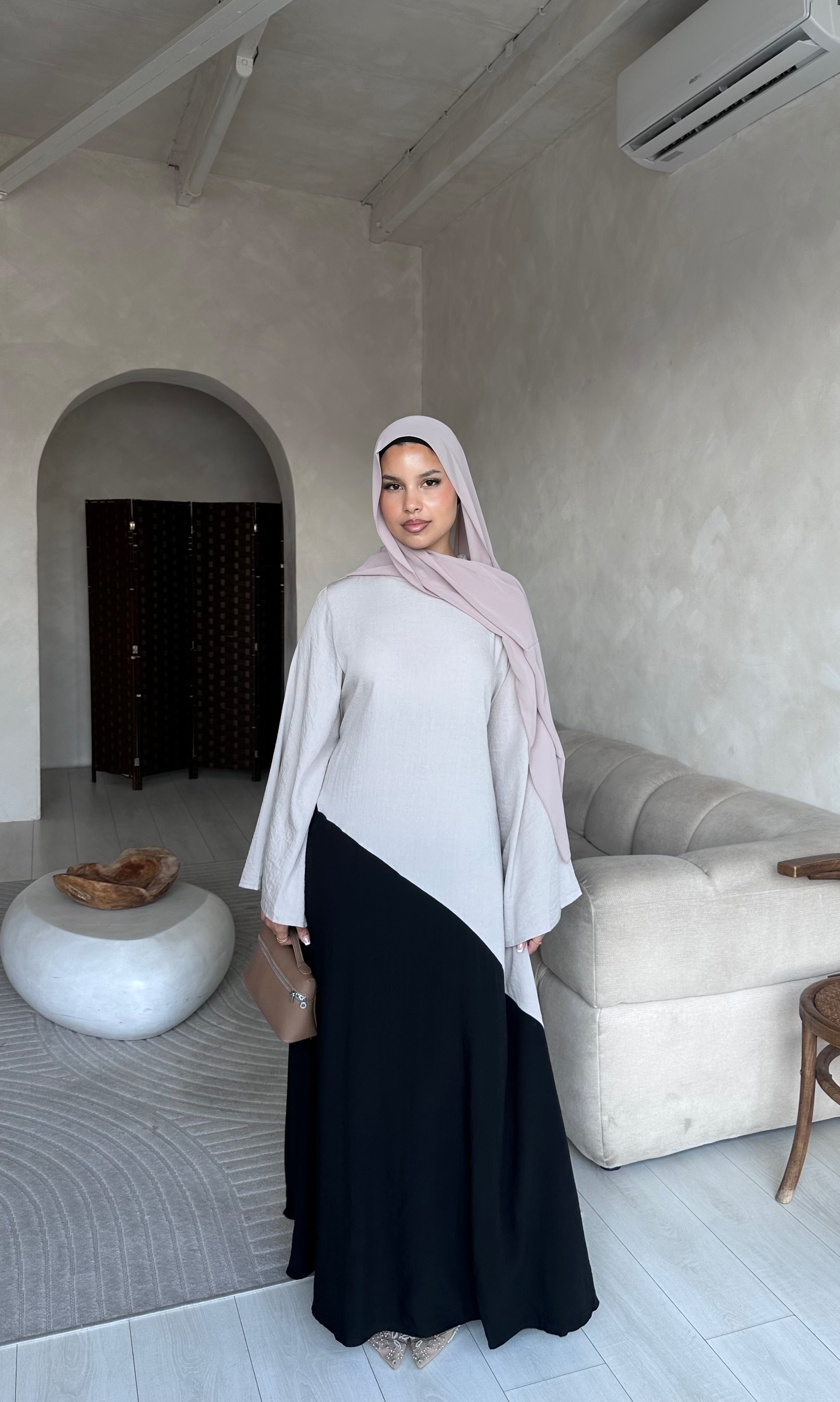Two Tone Dress Abaya - Nude/Black