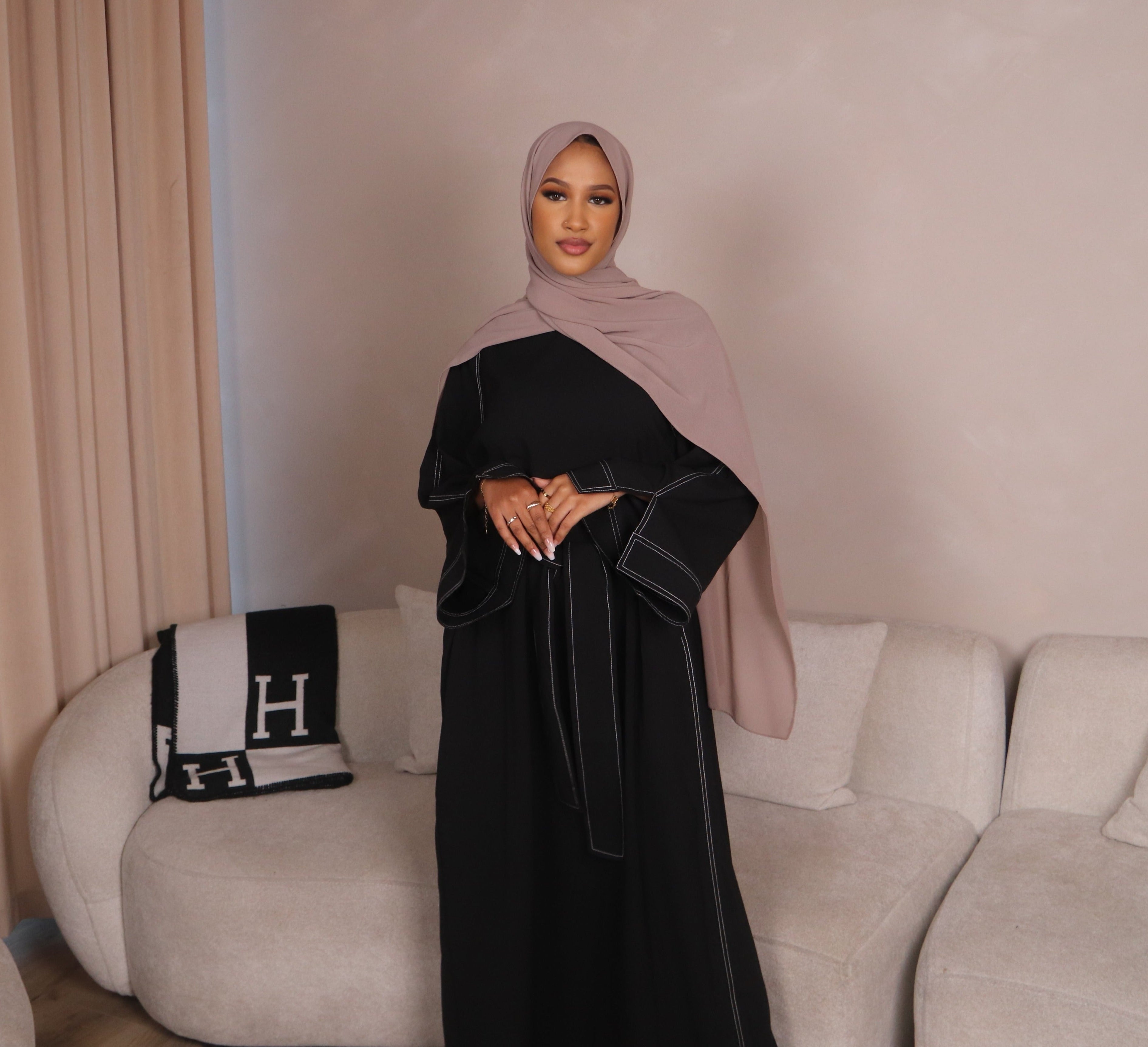 Black Yasmin Closed Abaya with White Contrast Stitching