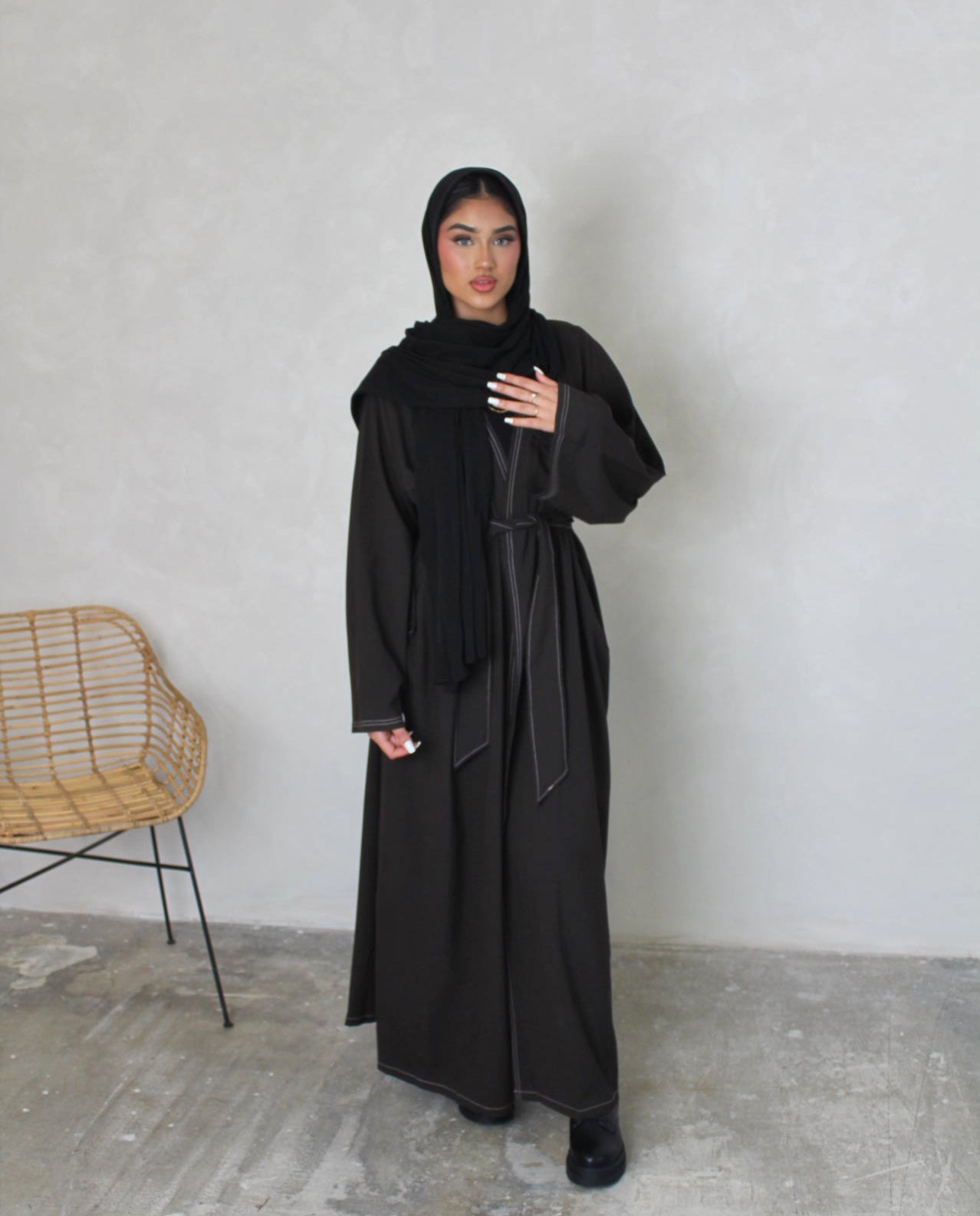 Dark Brown Contrast Stitch Open Abaya