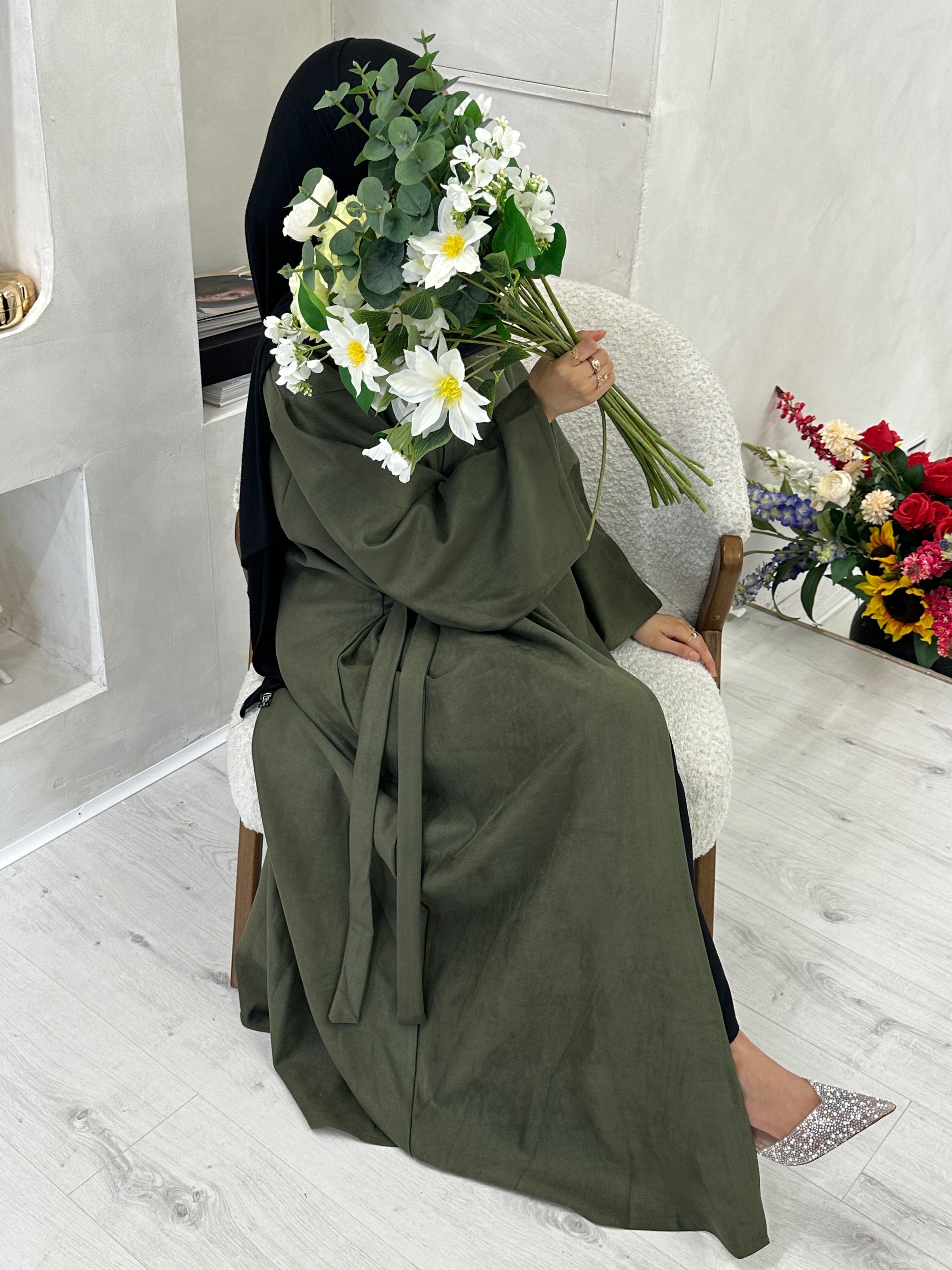 Khaki Green Suede abaya