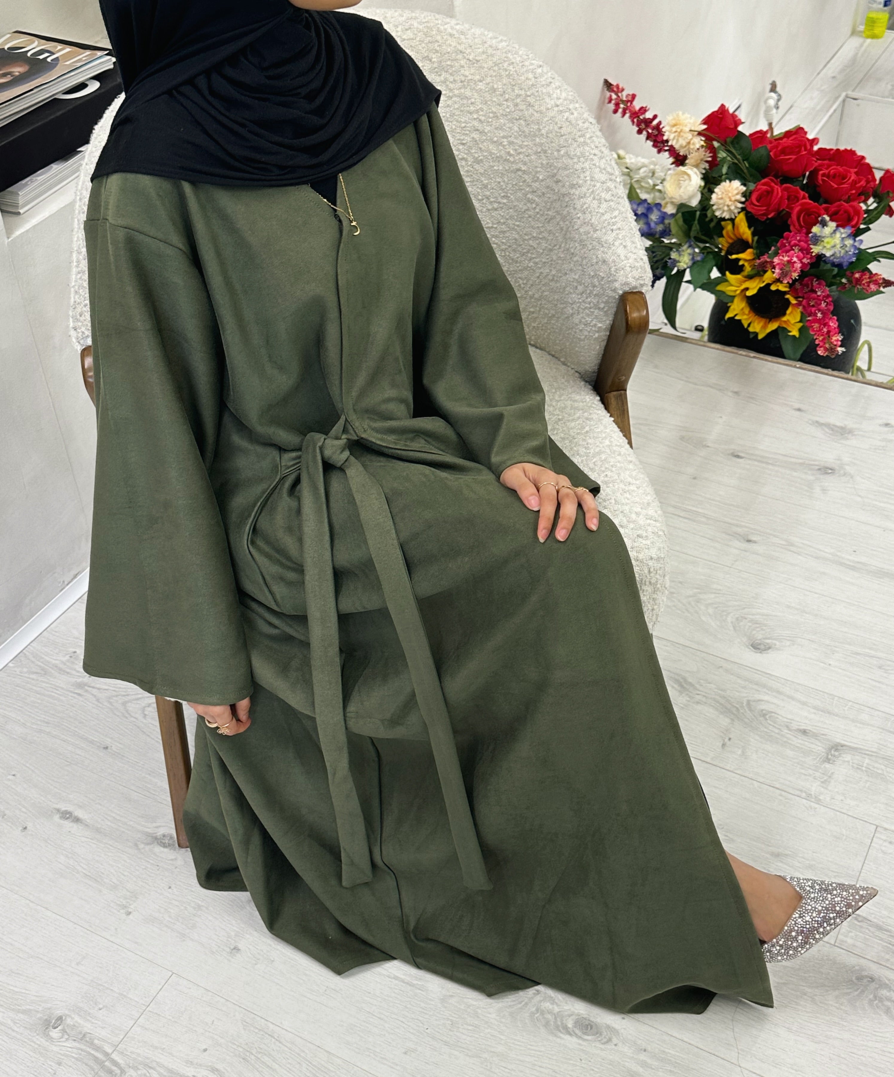 Khaki Green Suede abaya