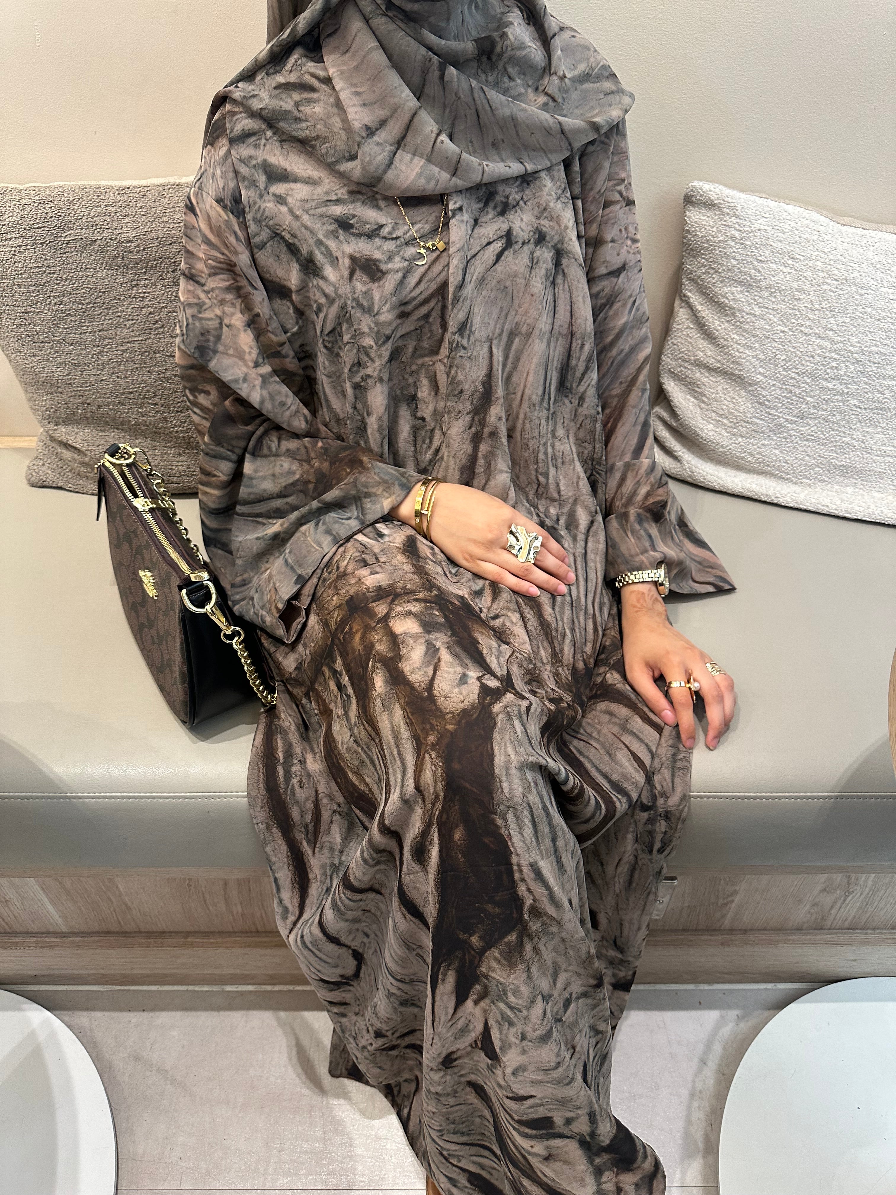 Printed Chiffon Abaya Set (Closed) - Mocha/Brown