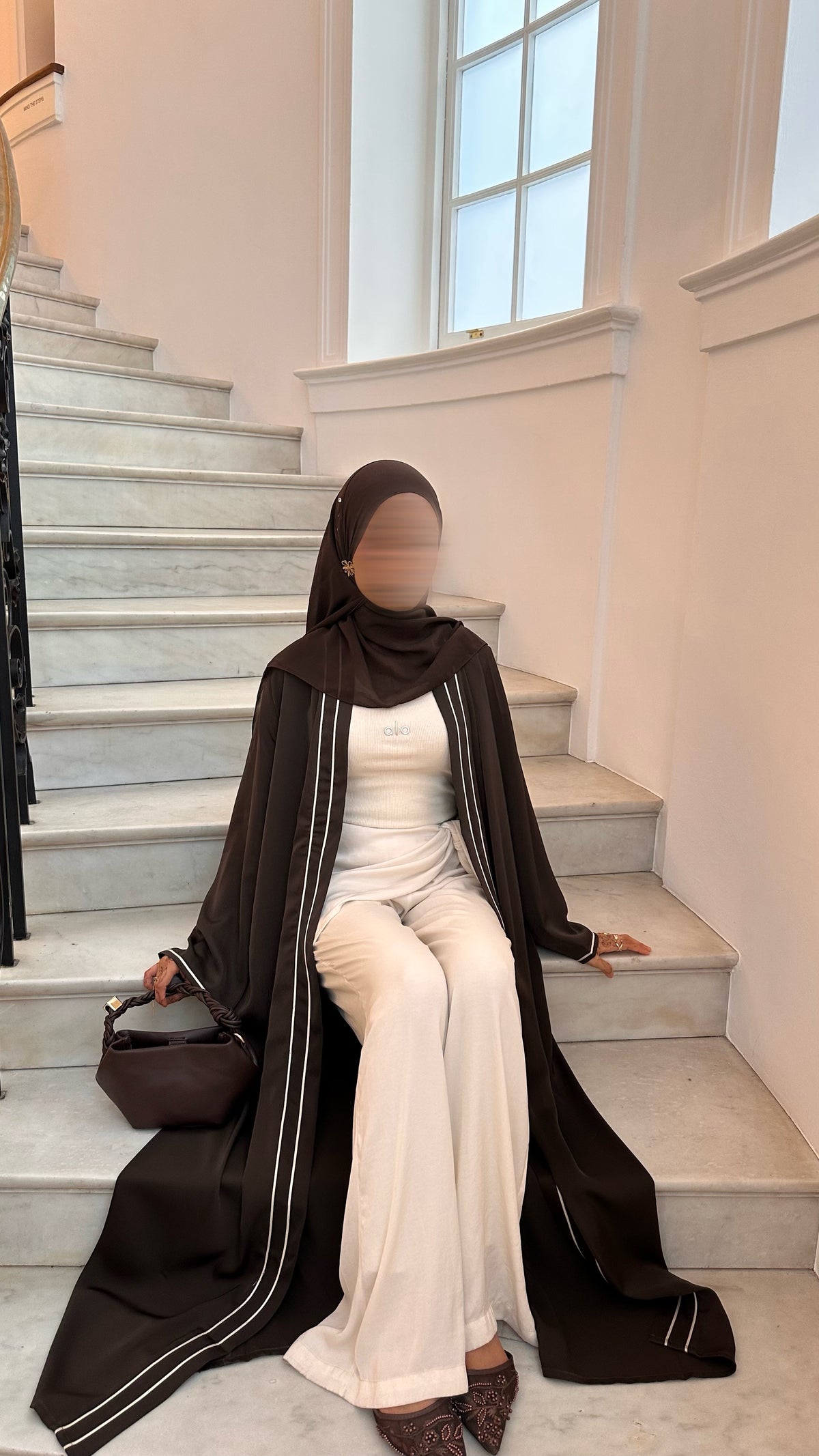 Brown Satin Trim Open Abaya