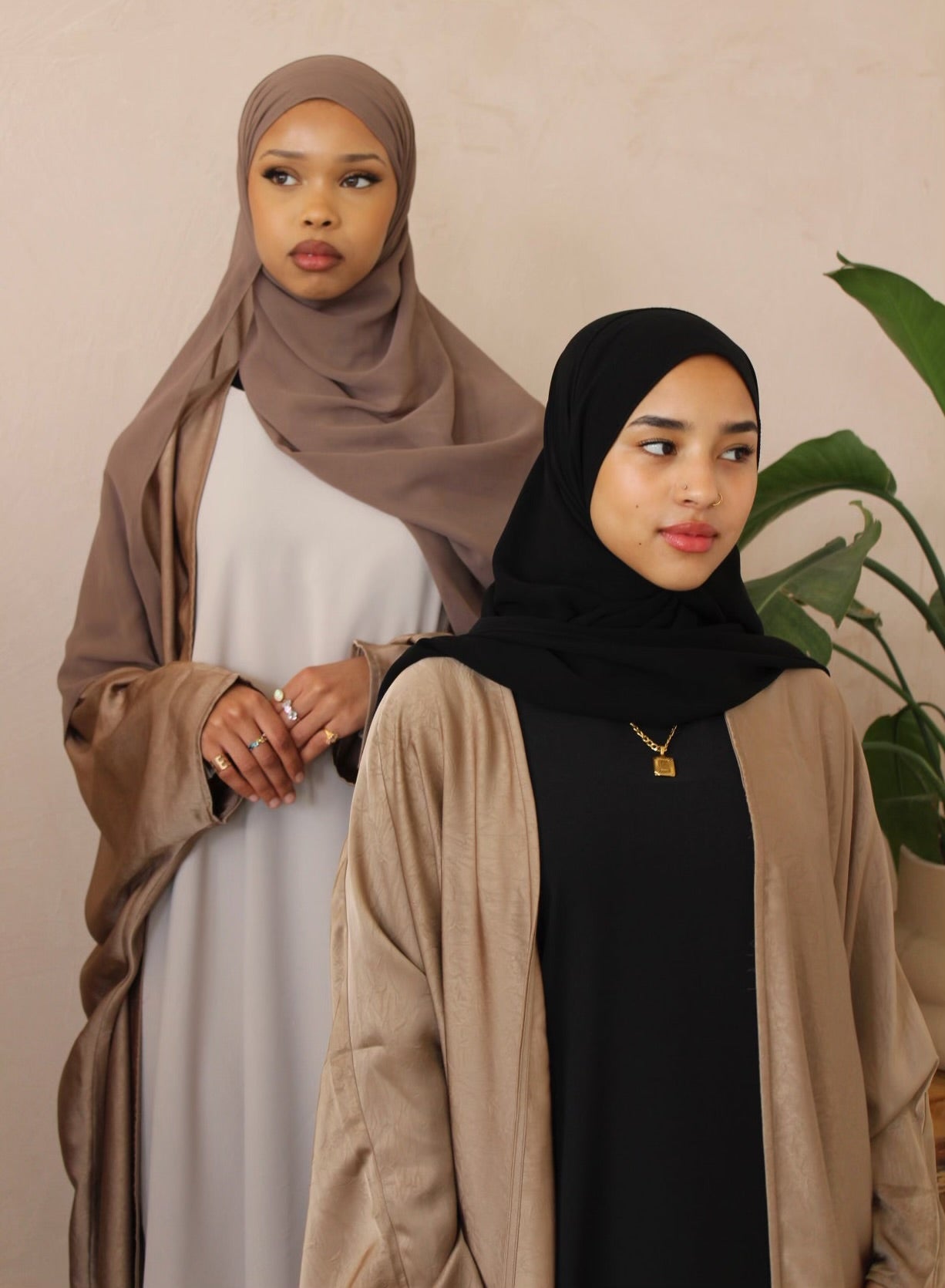 Habiba Pale Brown Satin Open Abaya