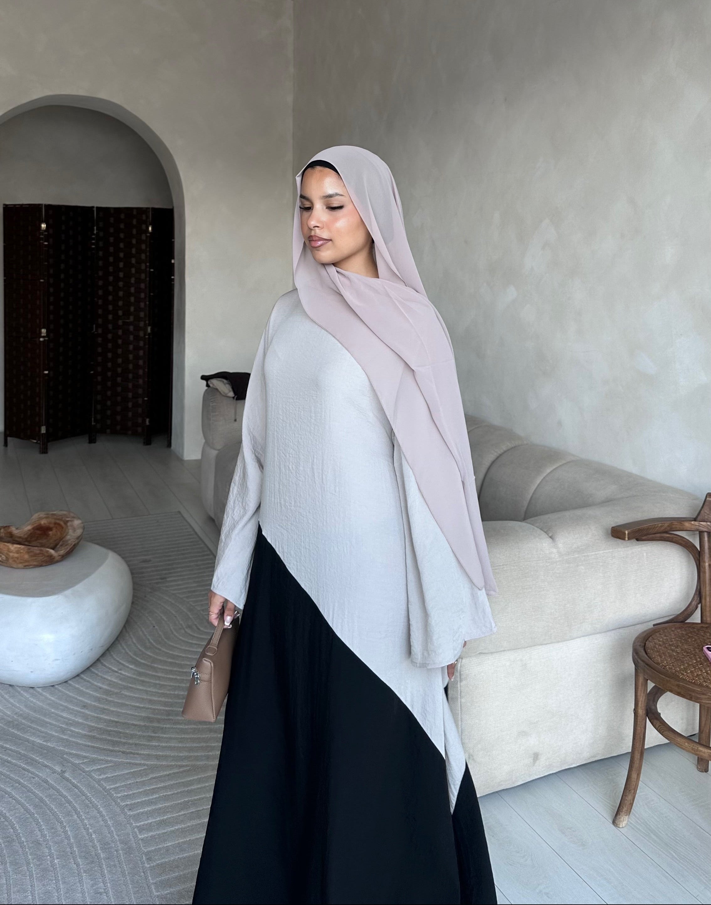Two Tone Dress Abaya - Nude/Black