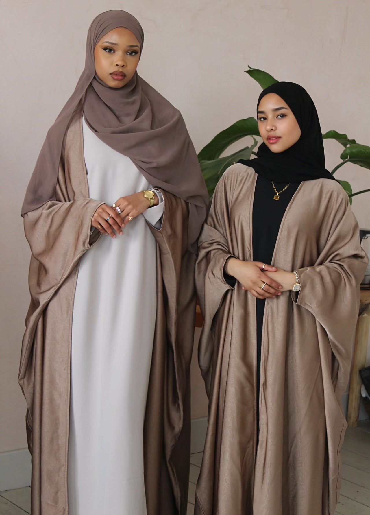 Habiba Pale Brown Satin Open Abaya