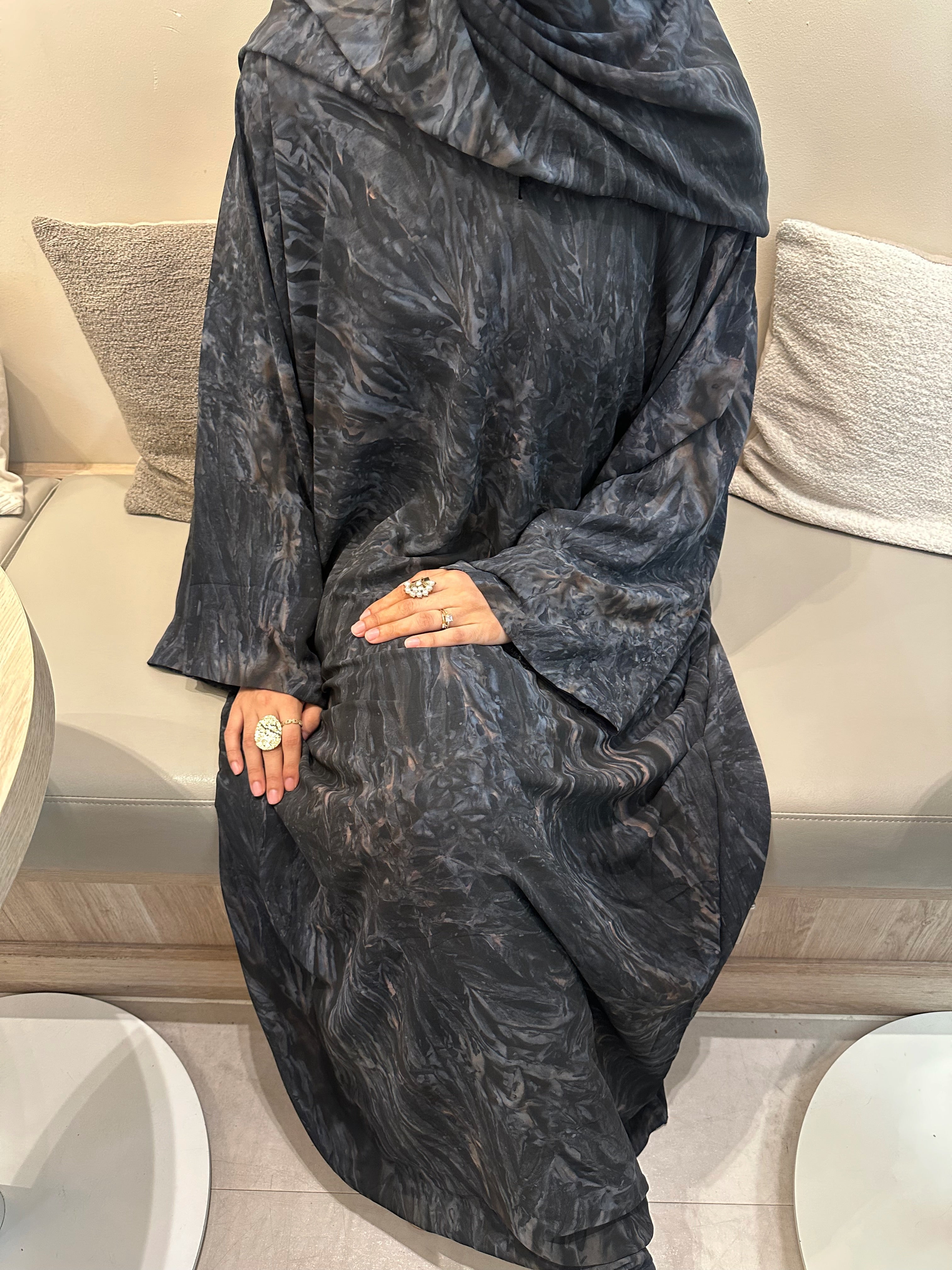 Printed Chiffon Abaya Set (Closed) - Charcoal Black/Purple