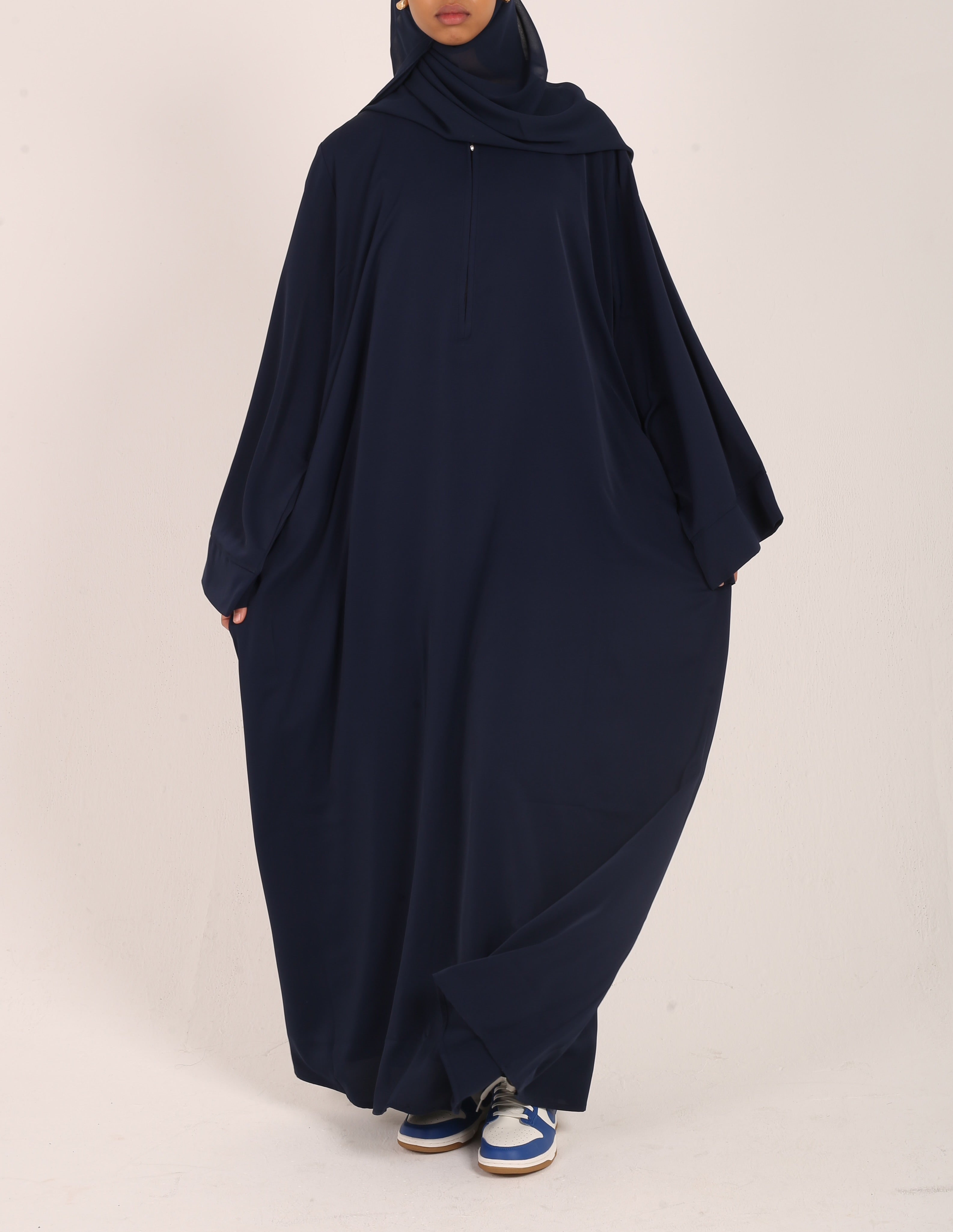 Navy Nursing-Friendly Abaya with Zip and Matching Hijab Set
