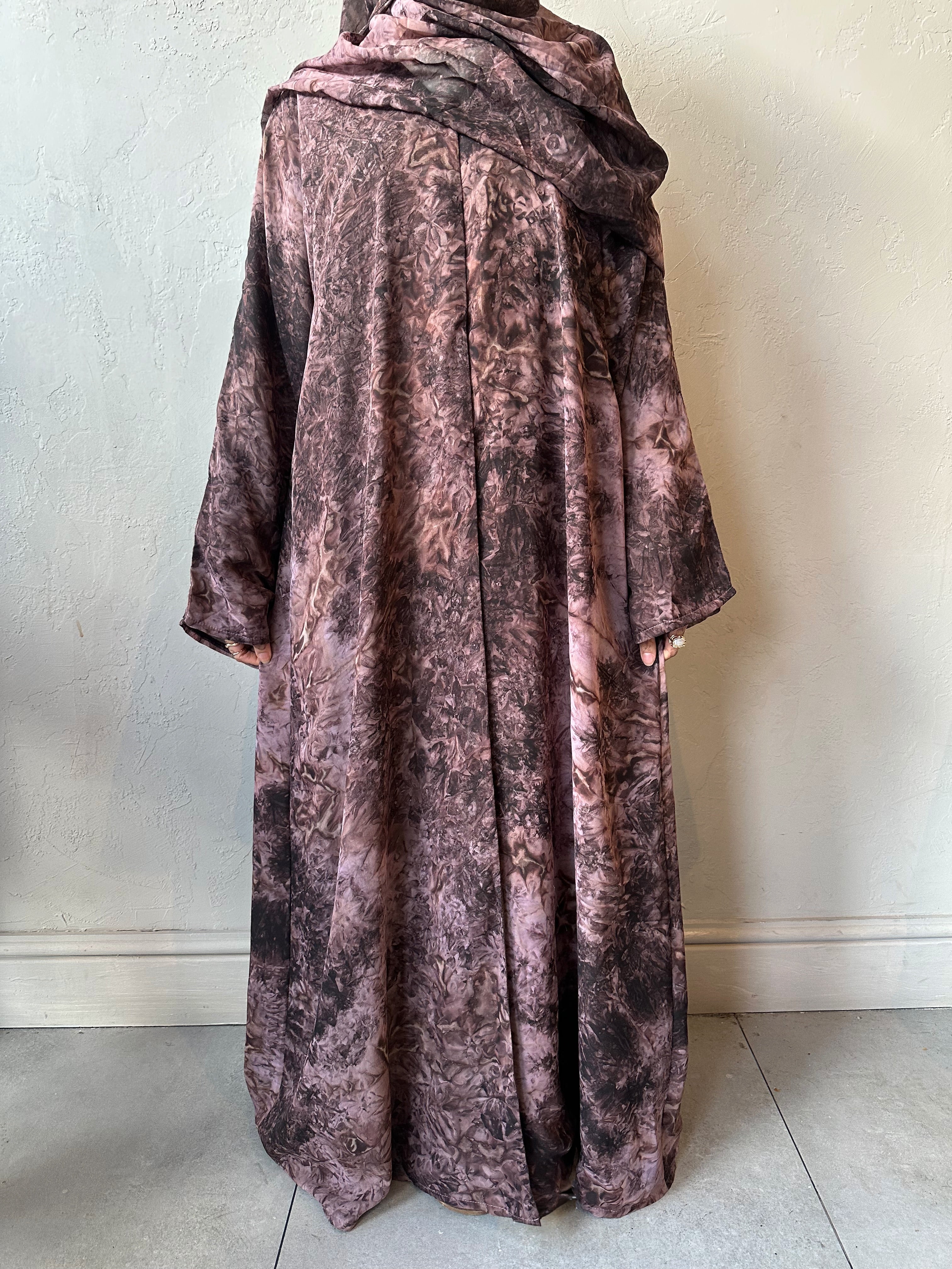 Printed Chiffon Abaya Set (Open) - Pink/Brown