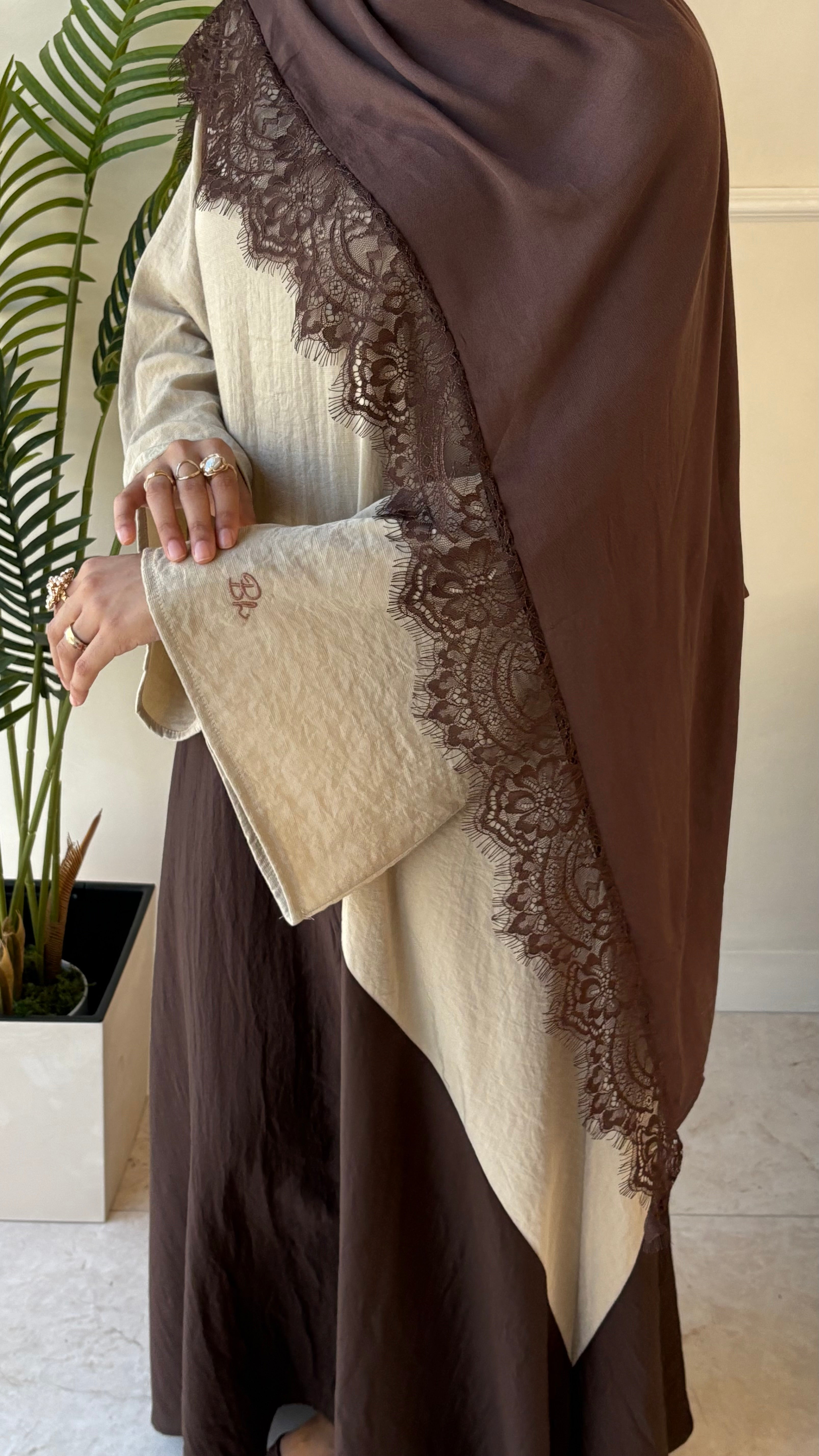 Two Tone Dress Abaya - Beige/Brown