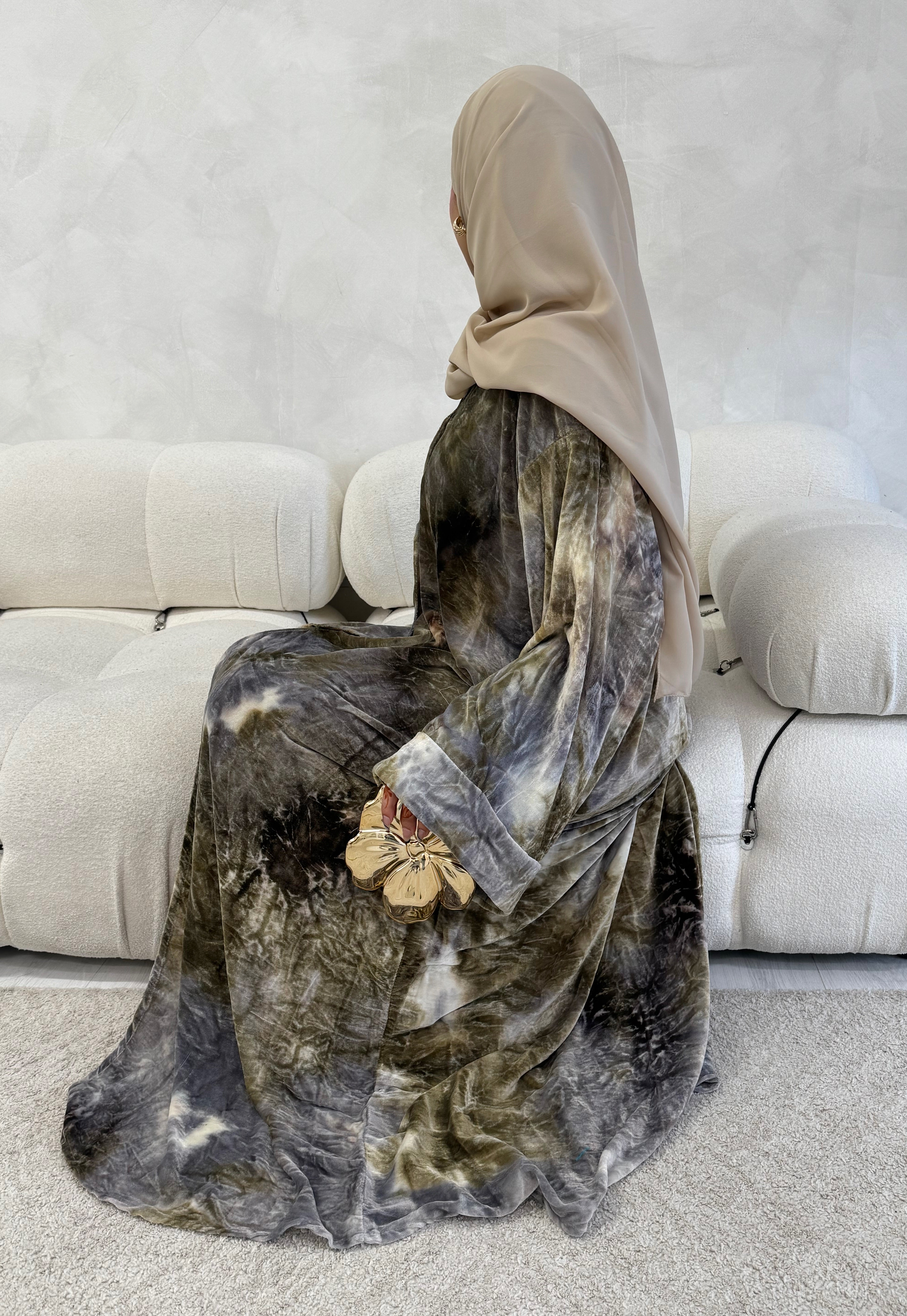 Neutral Printed Velvet Abaya