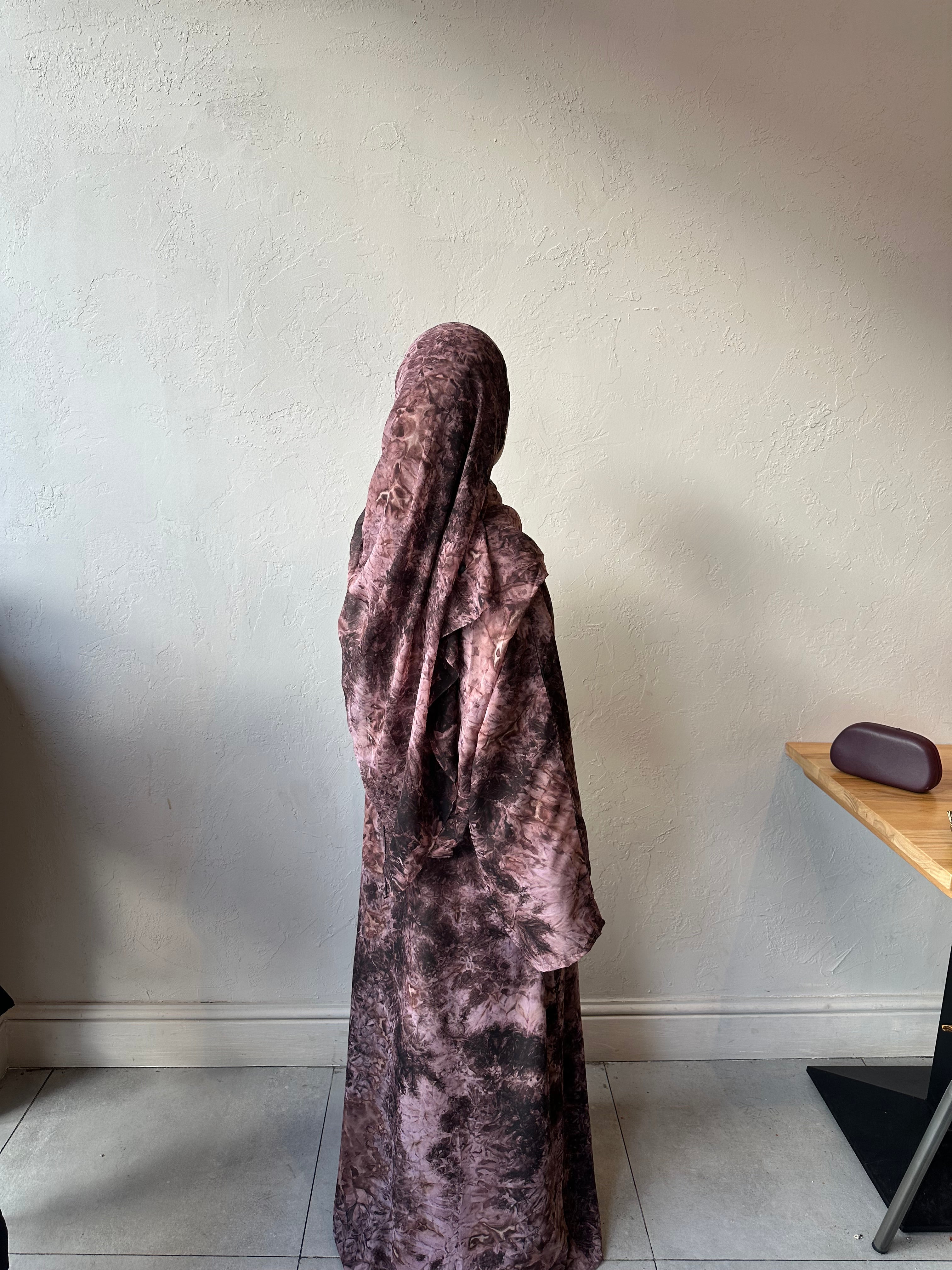 Printed Chiffon Abaya Set (Open) - Pink/Brown