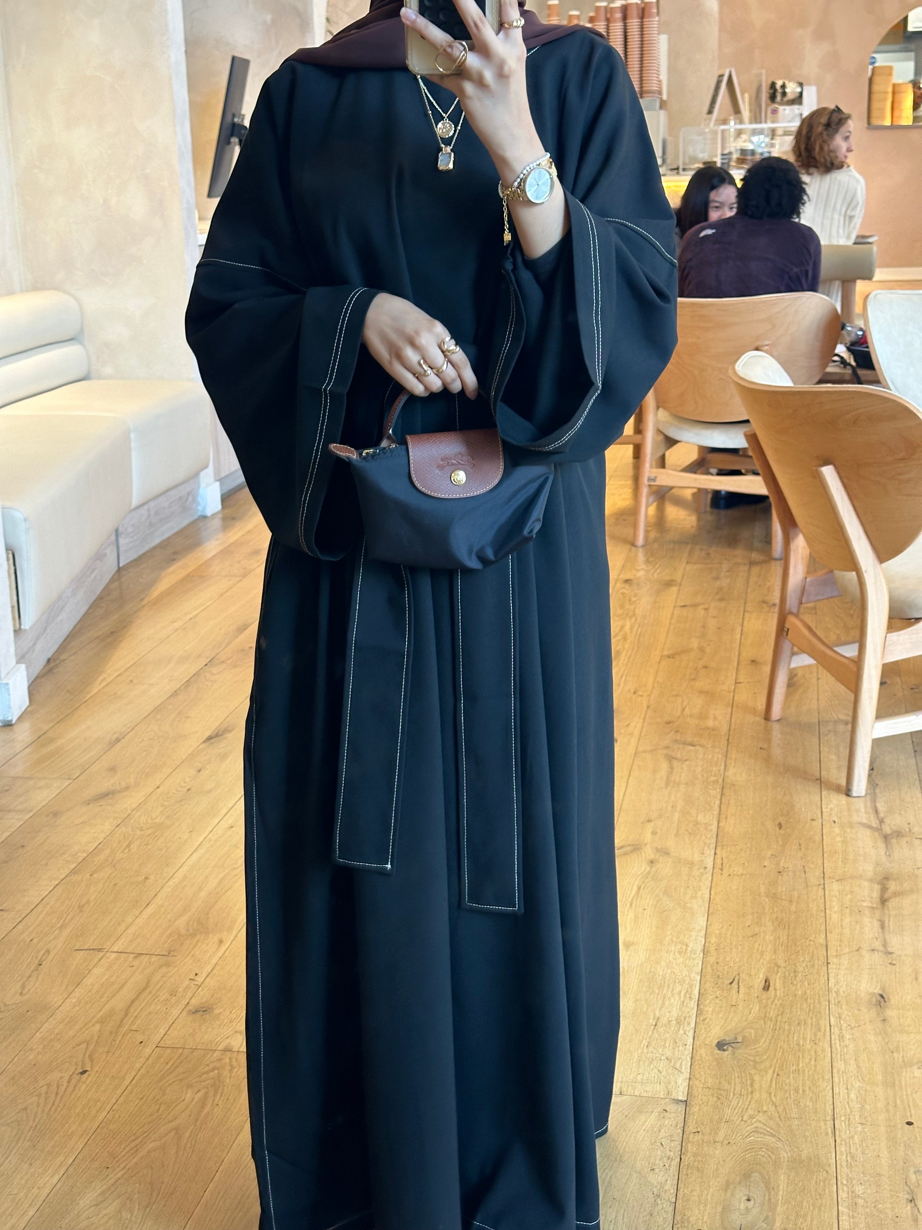 Black Contrast Stitch Closed Abaya (PolyViscos Fabric)