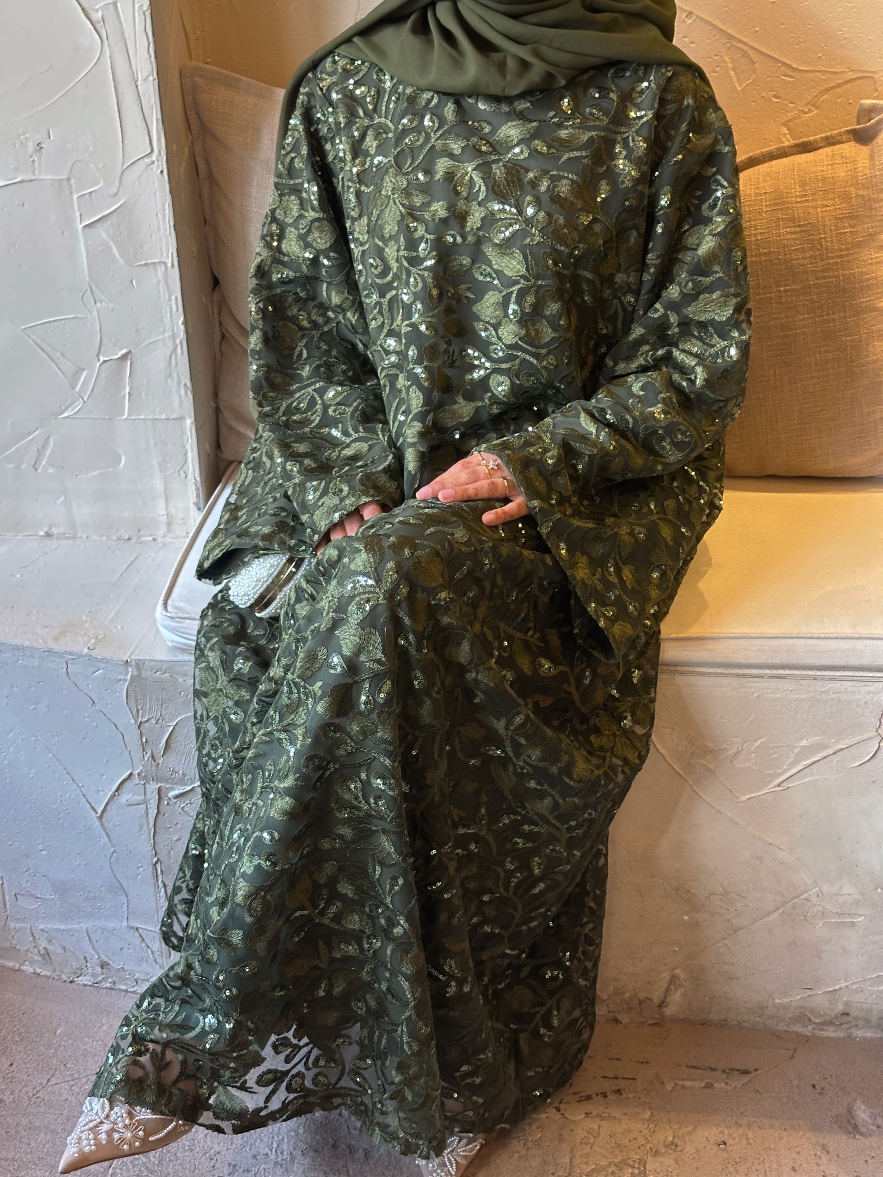 Khaki Green Lace Abaya