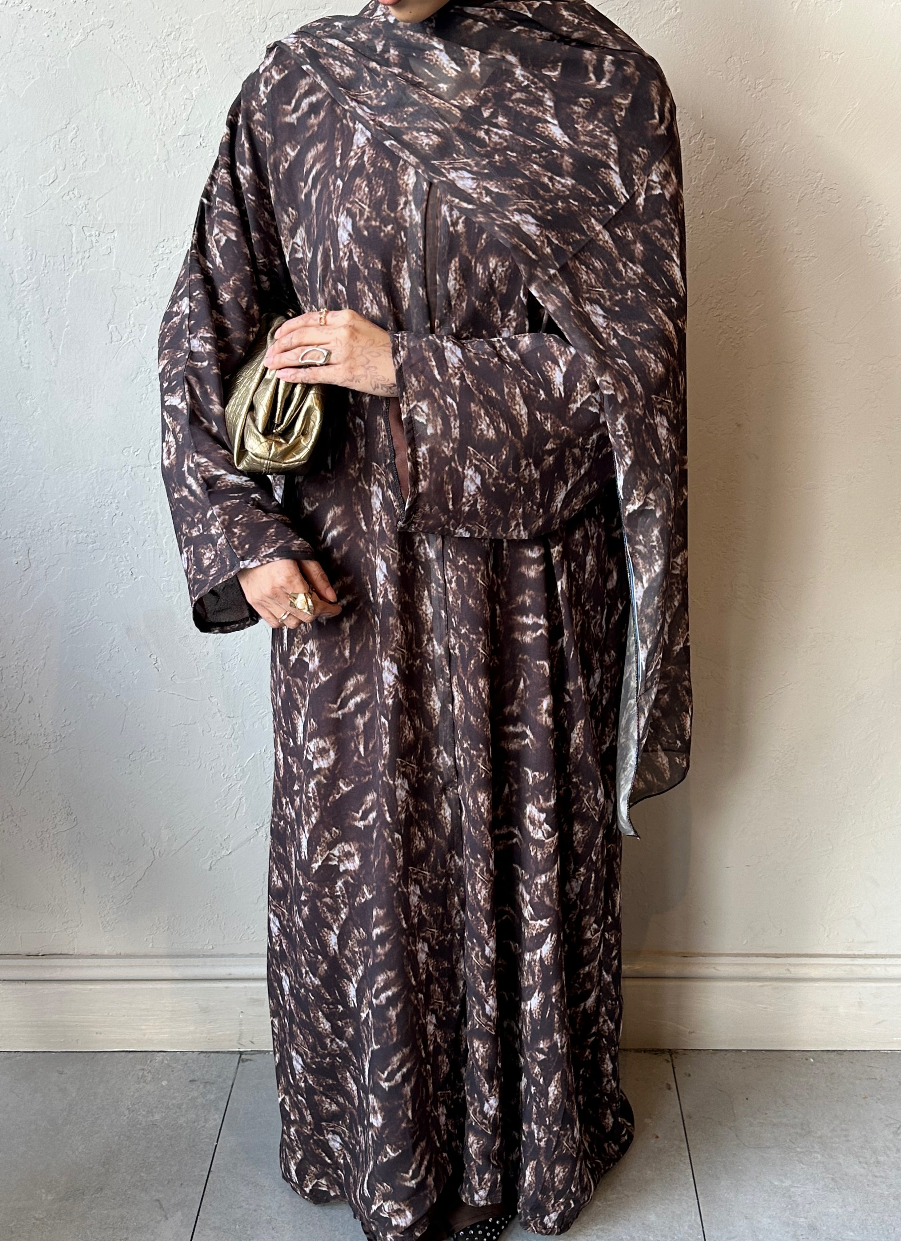 Printed Chiffon Abaya Set (Open) - Black/Brown