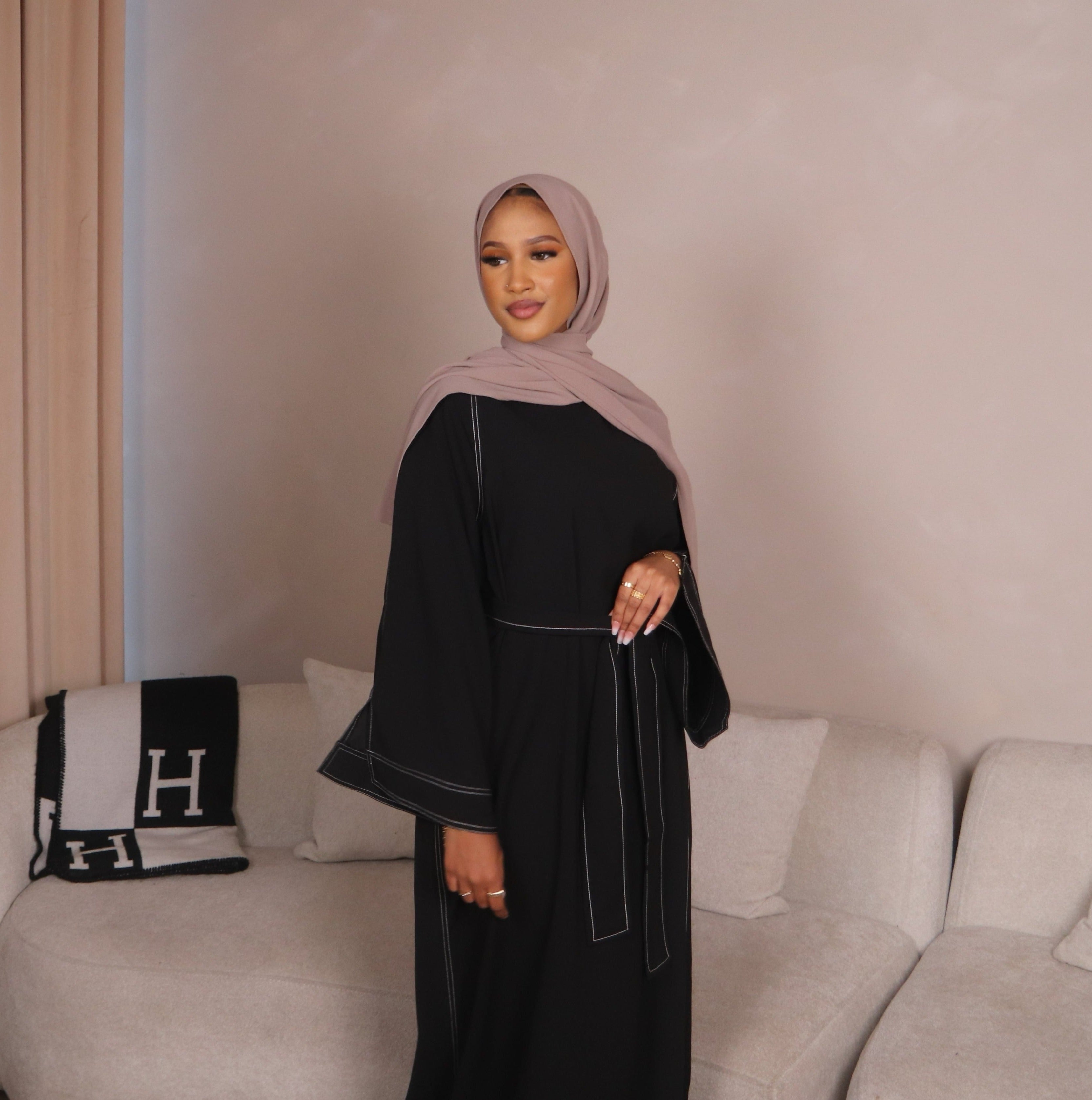 Black Yasmin Closed Abaya with White Contrast Stitching