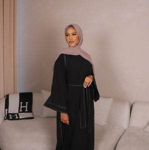 Black Yasmin Closed Abaya with White Contrast Stitching