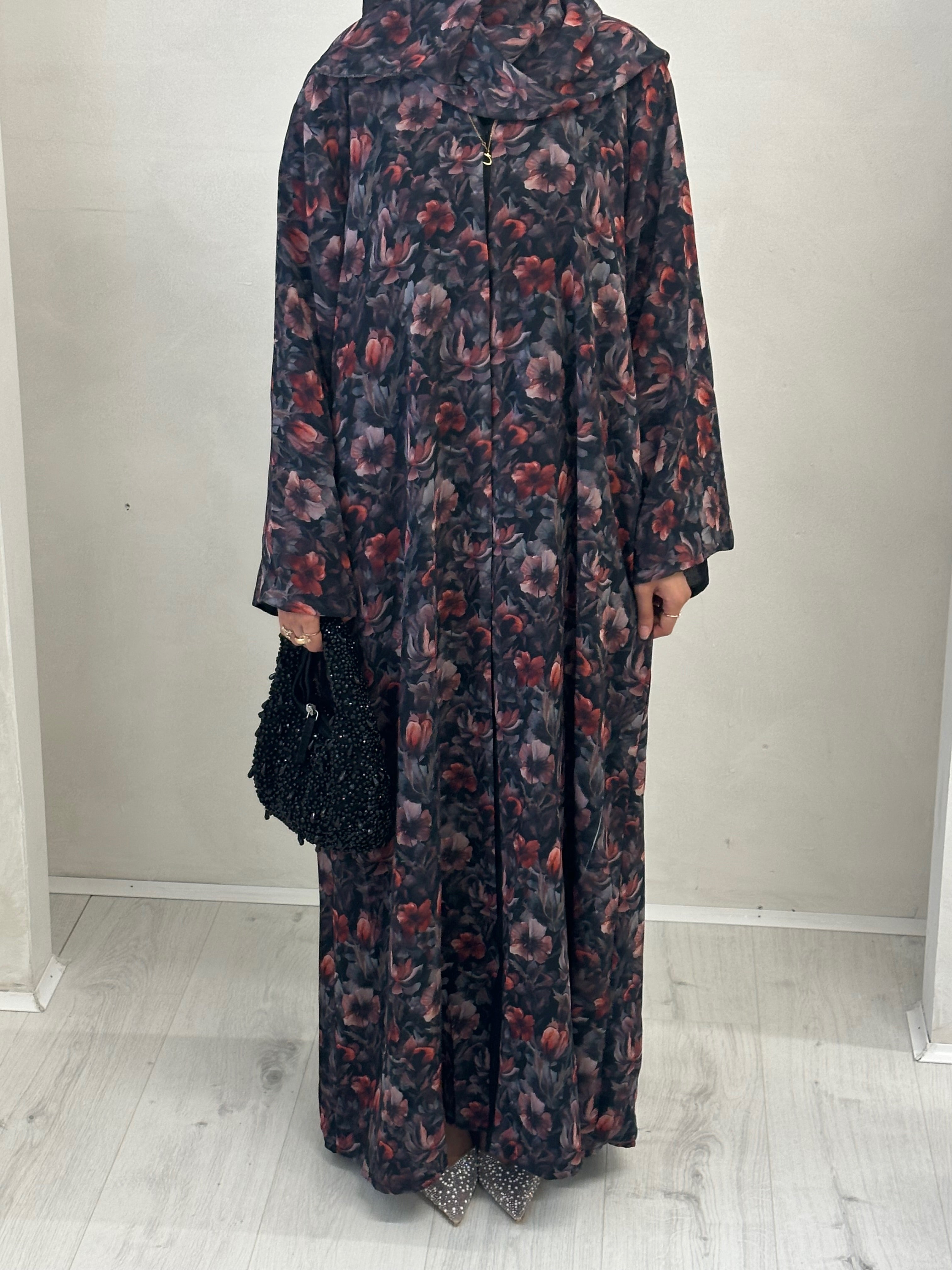 Black Printed Floral Abaya Set