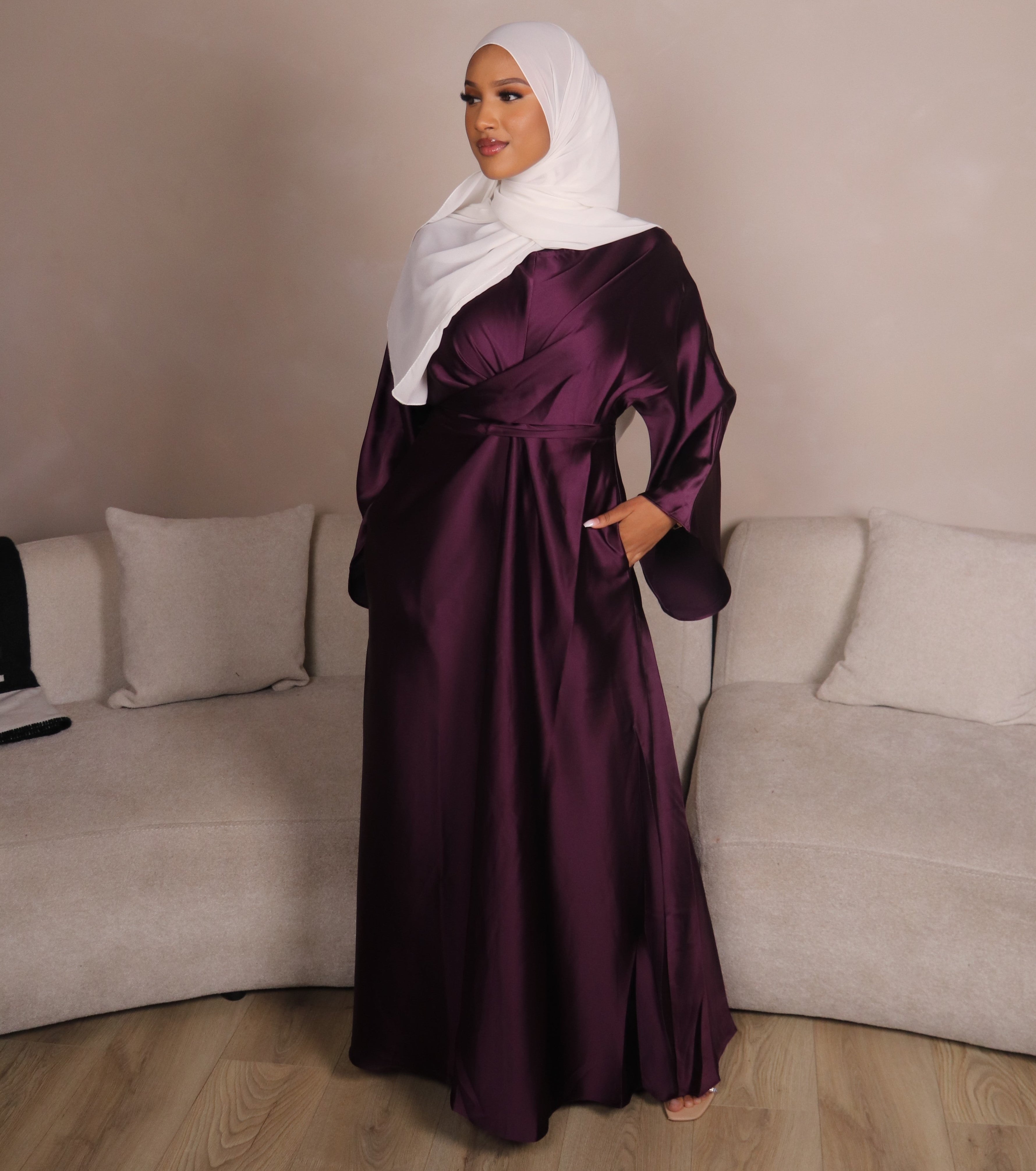 Maroon/Plum Satin Wrap Abaya